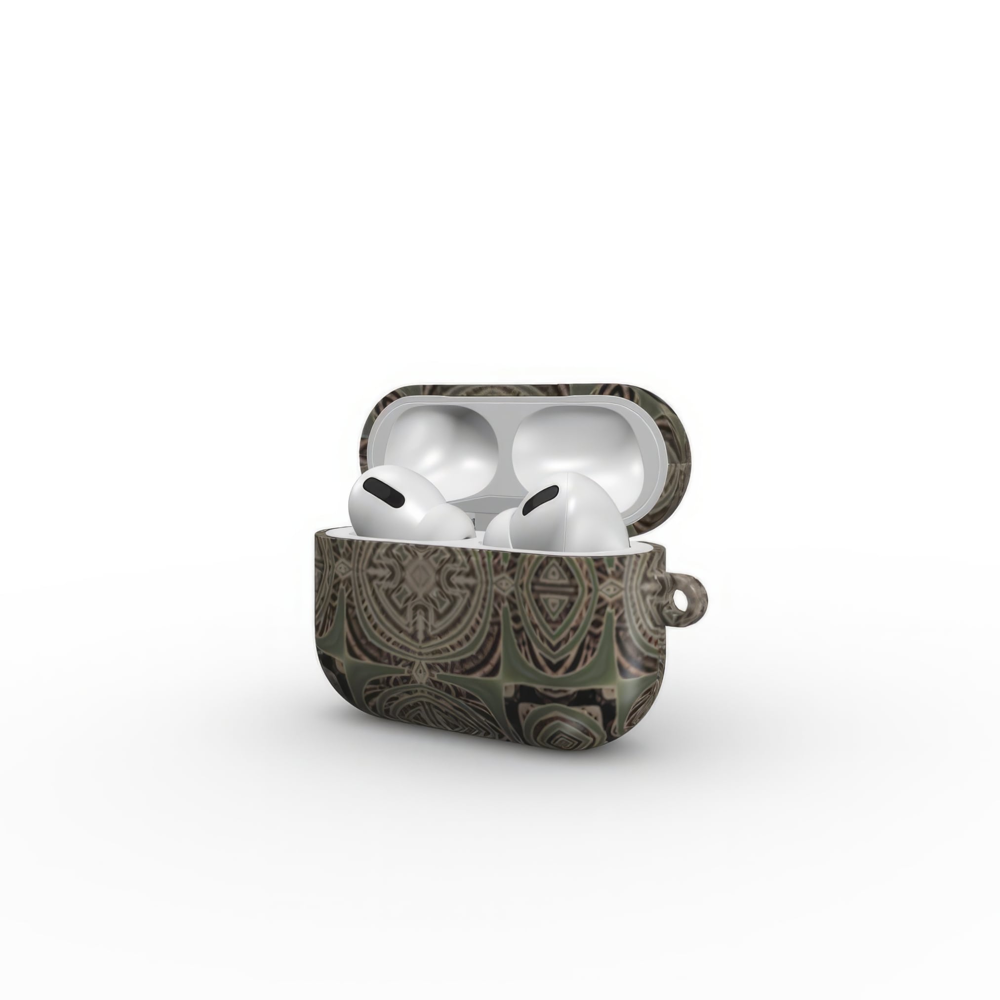 AirPods Pro case side open view; wooden snake 3 pattern, ornamental pattern; kaleidoscope pattern imagination. Green color.
