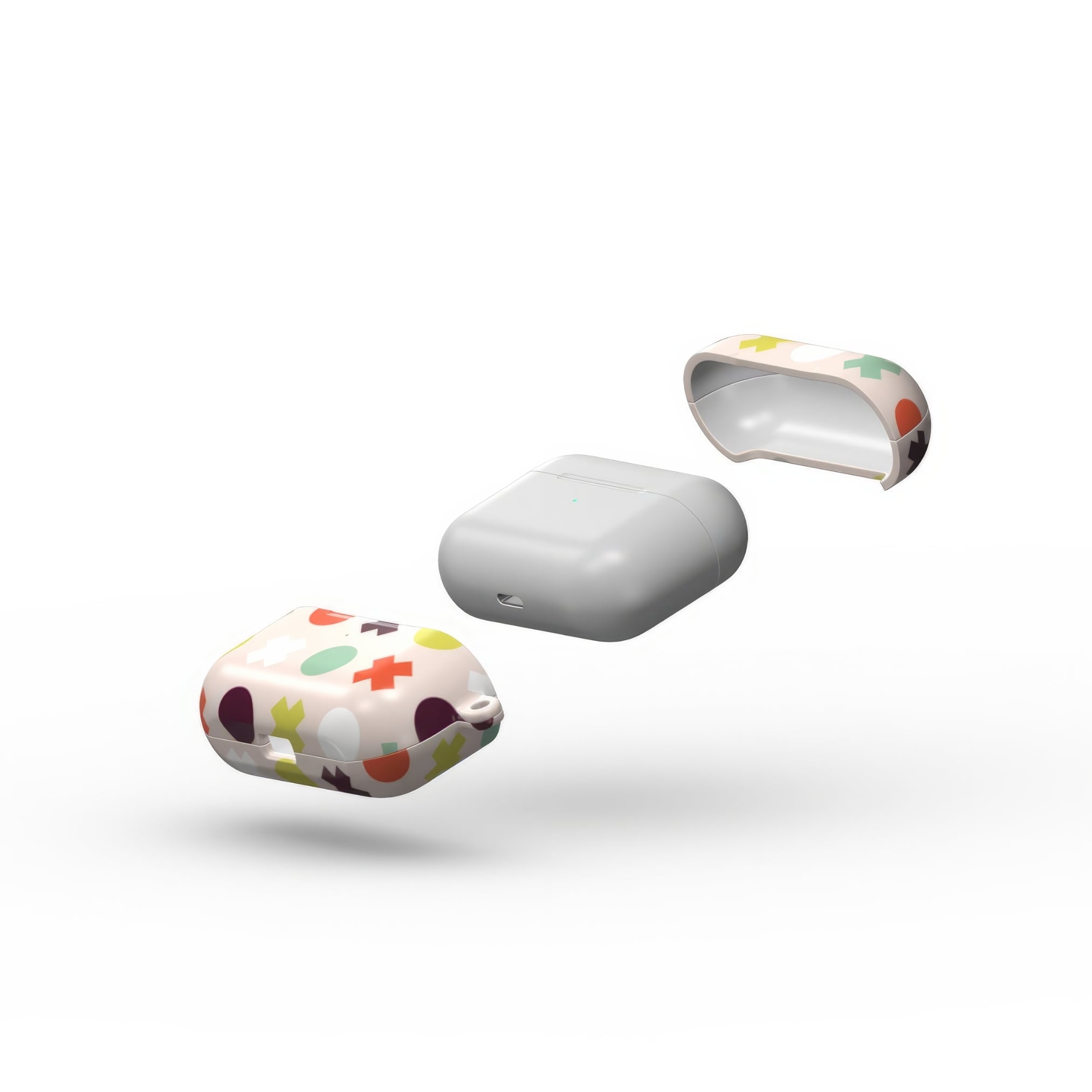 AirPods Pro tough hard shell case XOXO 1 pattern design with a circles and cross modern style, featuring an elegant and expressive aesthetic design. Main colors are orange red, purple, yellow and mint. Extend view.