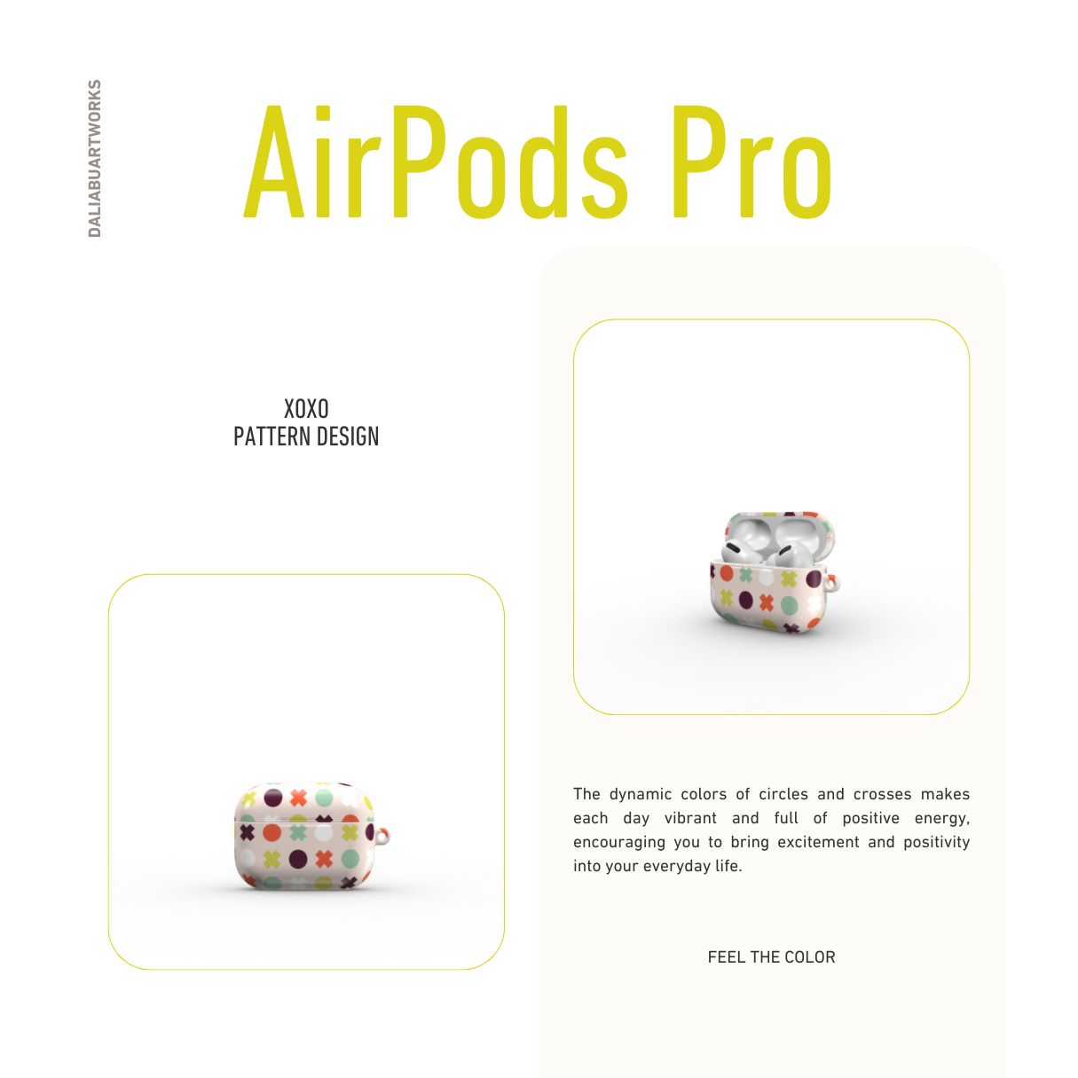 AirPods Pro tough hard shell case XOXO pattern design with a circles and cross modern style, featuring an elegant and expressive aesthetic design. Main colors are orange red, purple, yellow and mint. Front view.