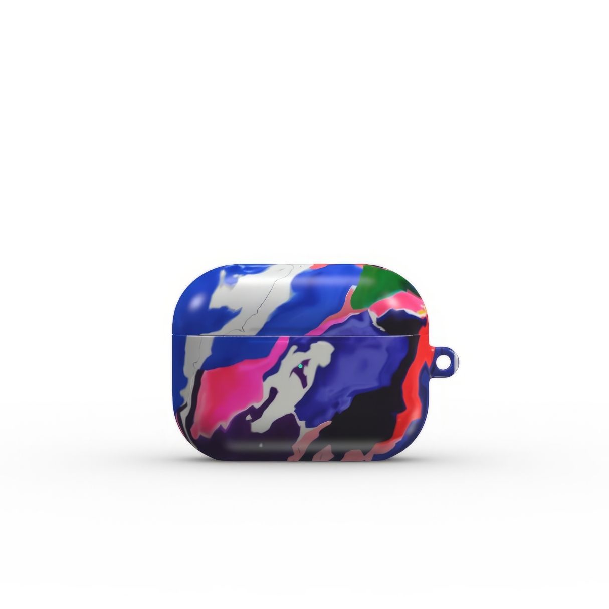 AirPods Pro tough case front view; Nebula Drift pattern, artistic, abstract marble pattern. Blue and purple color combination. Bold expressive aesthetic design. Colorful and interior fit. Elegant.