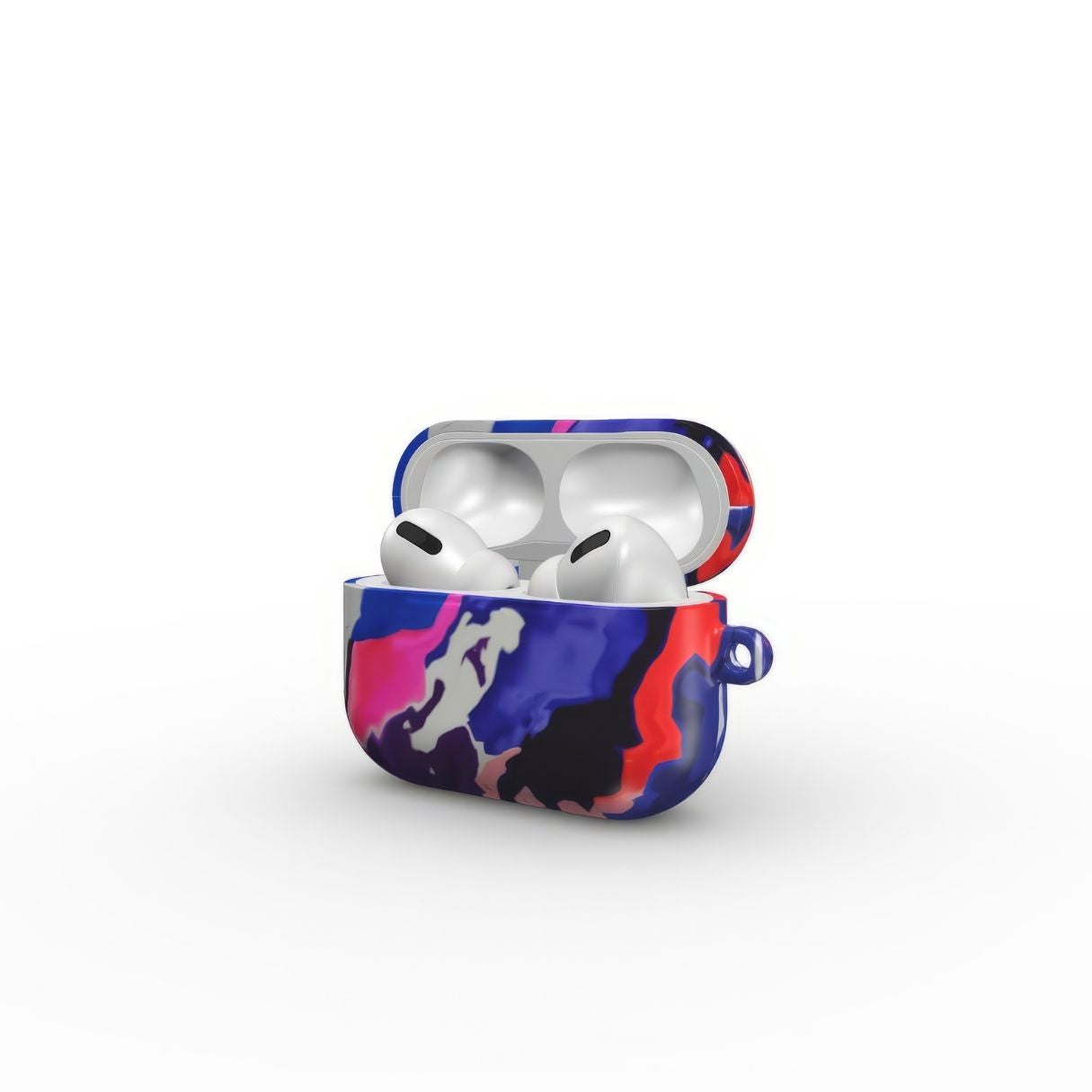 AirPods Pro tough case side open view; Nebula Drift pattern, artistic, abstract marble pattern. Blue and purple color combination. Bold expressive aesthetic design. Colorful and interior fit. Elegant.