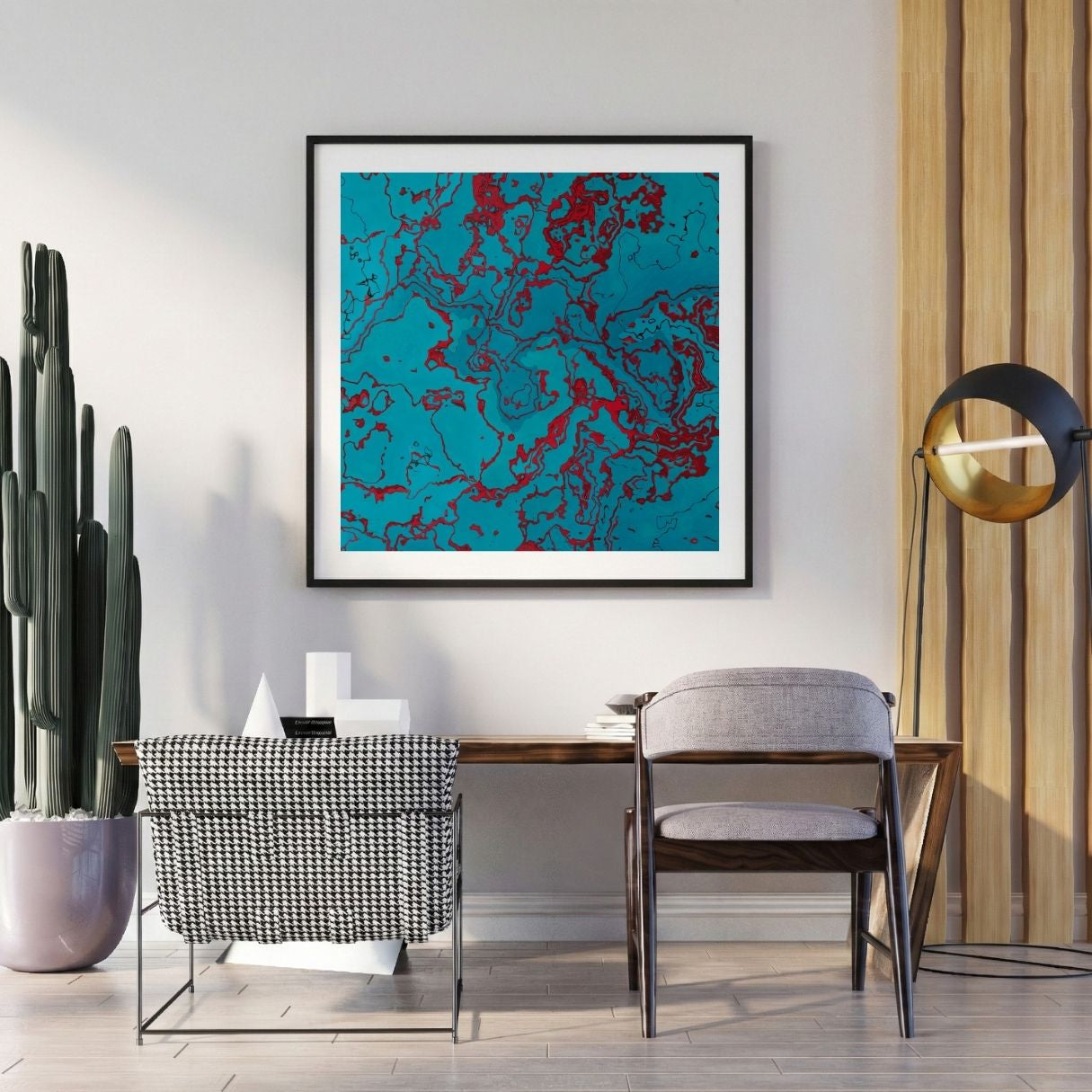 Modern interior with a abstract art print on the wall, chair, and potted plant.