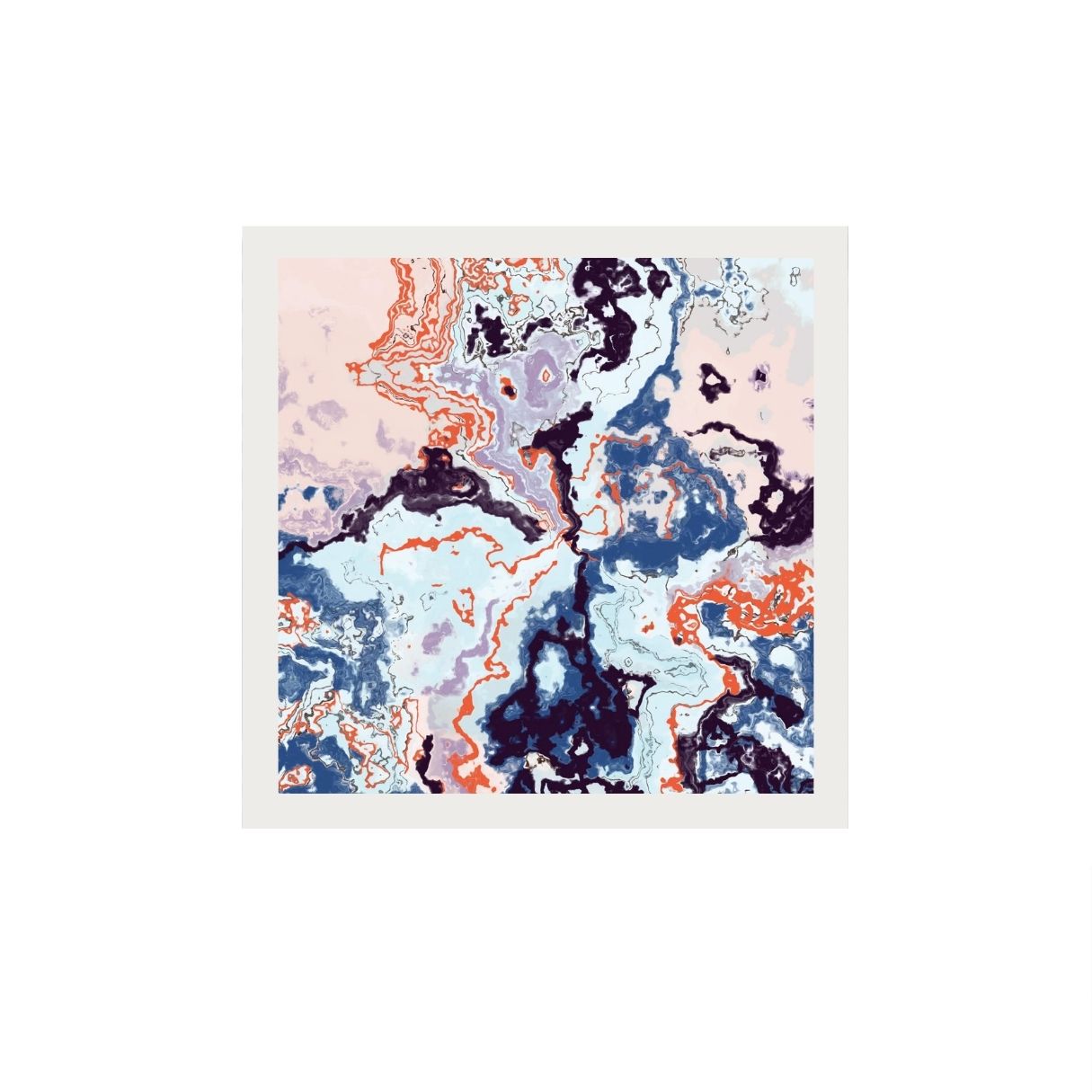 Abstract art print with blue, orange, and purple patterns on a white background.