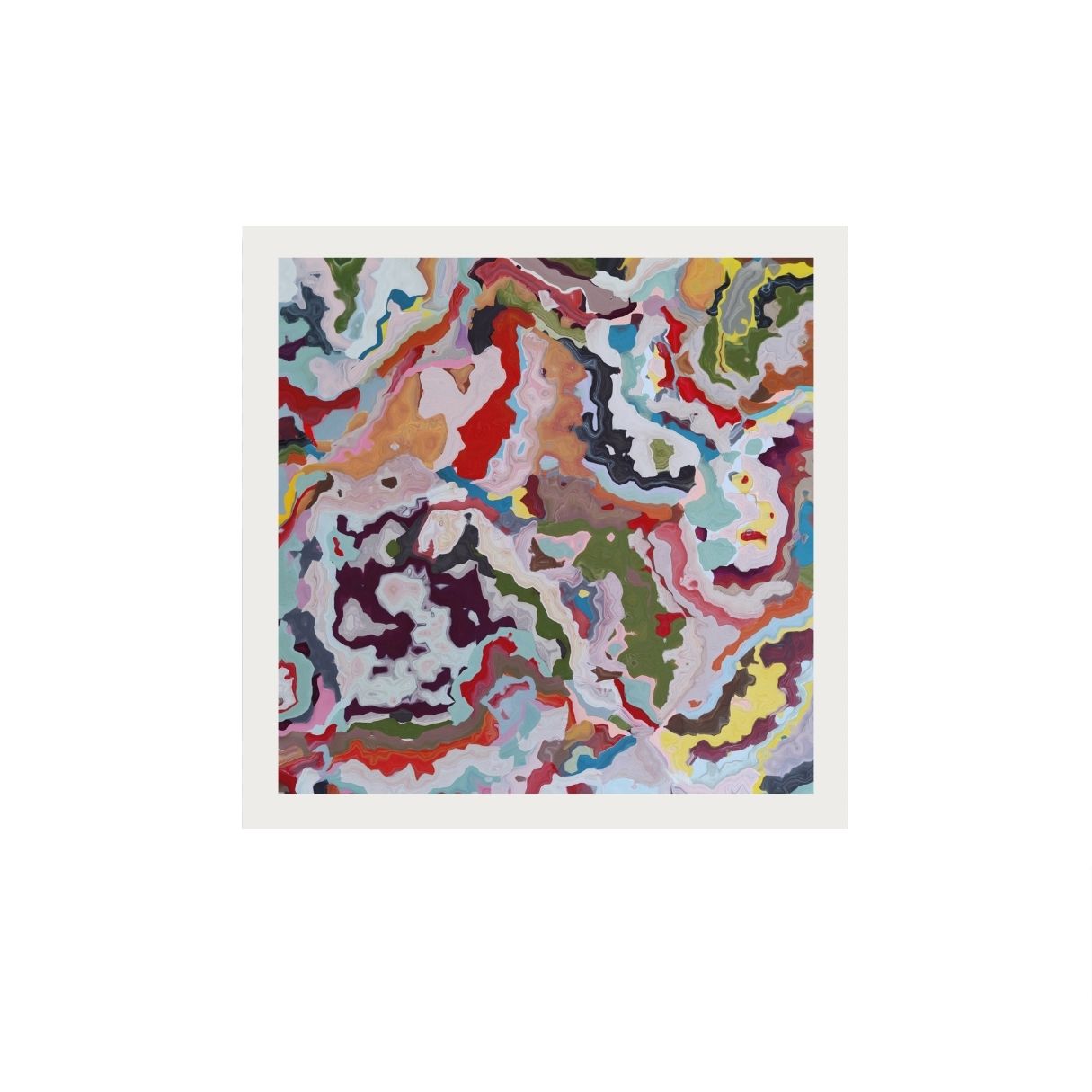 Colorful abstract painting in a white frame on a white background.