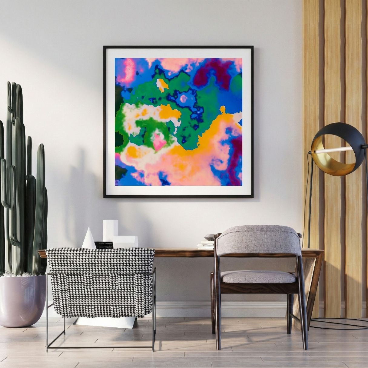 Modern interior with a abstract art print on the wall, chair, and potted plant.