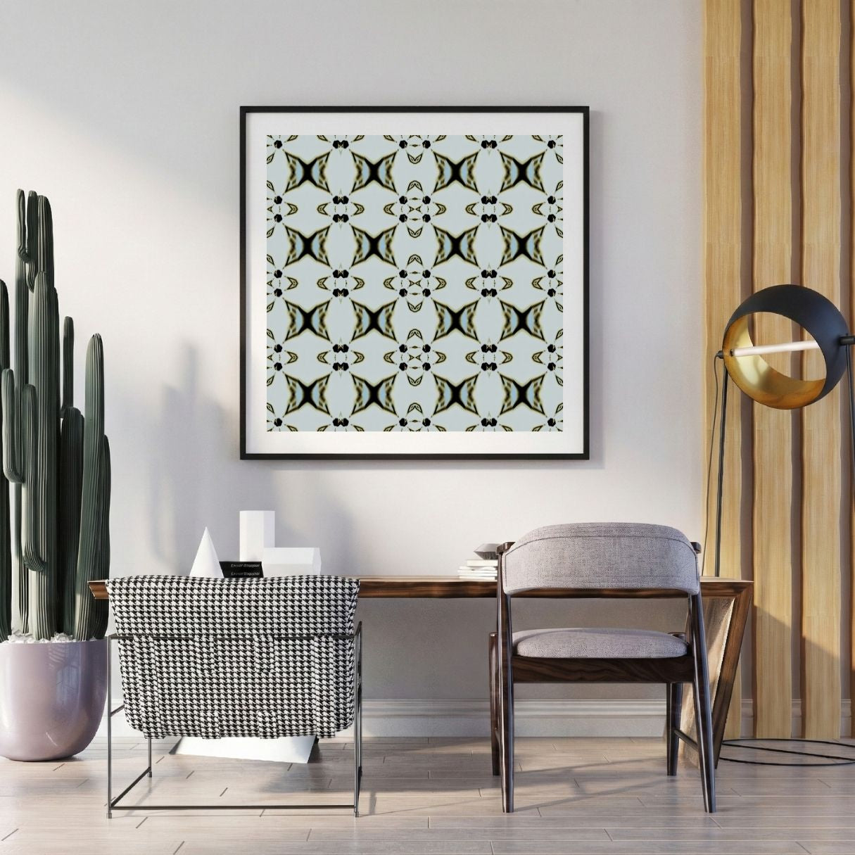 Modern interior with a ornamental pattern print on the wall, chair, and potted plant.