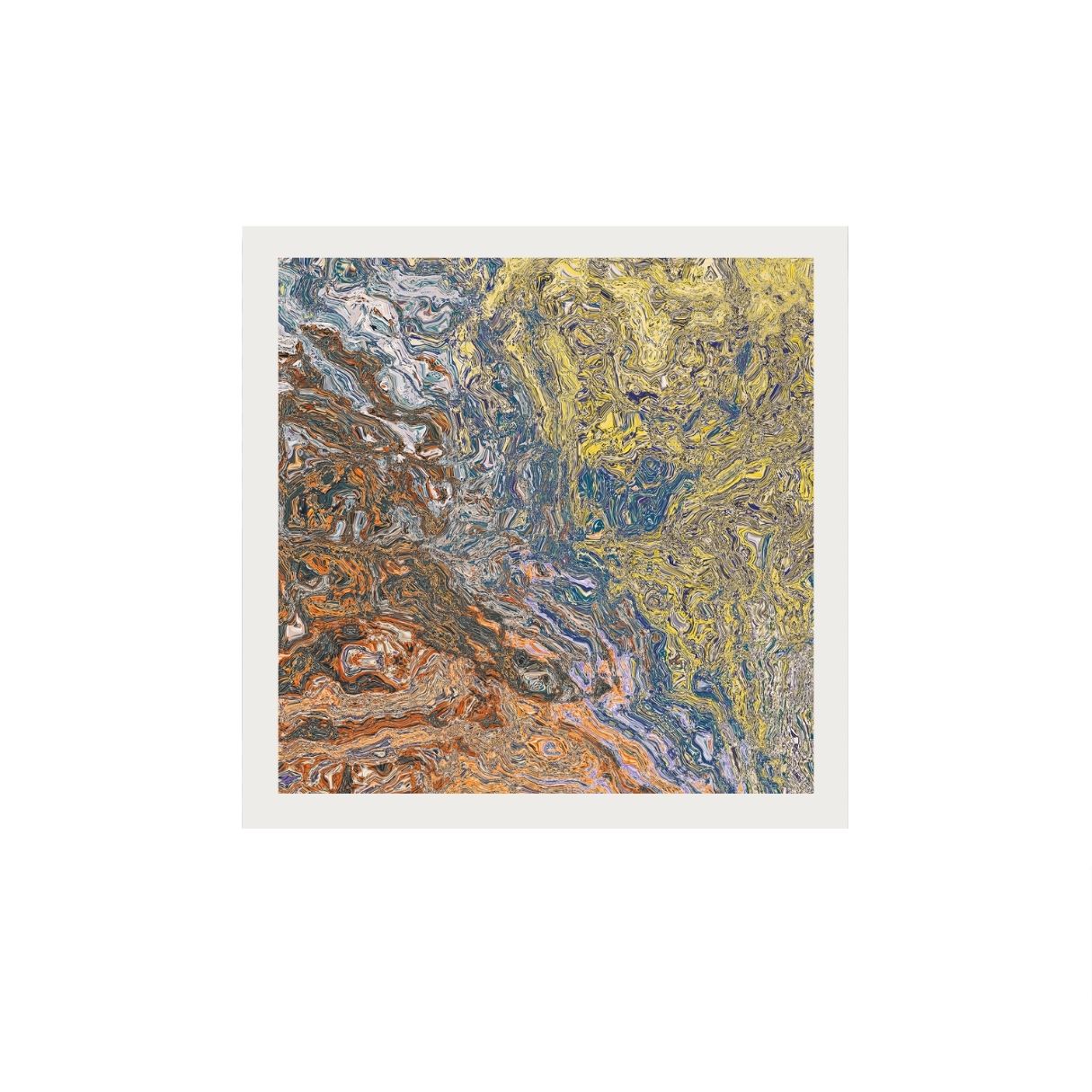 Abstract art print with swirling colors on a white background.