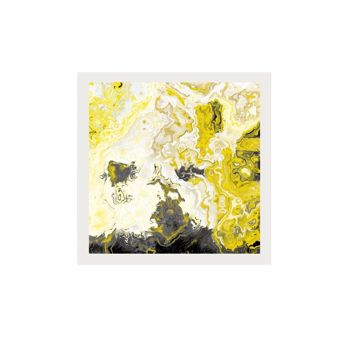 Abstract art print with yellow, white, and black colors on a white background.