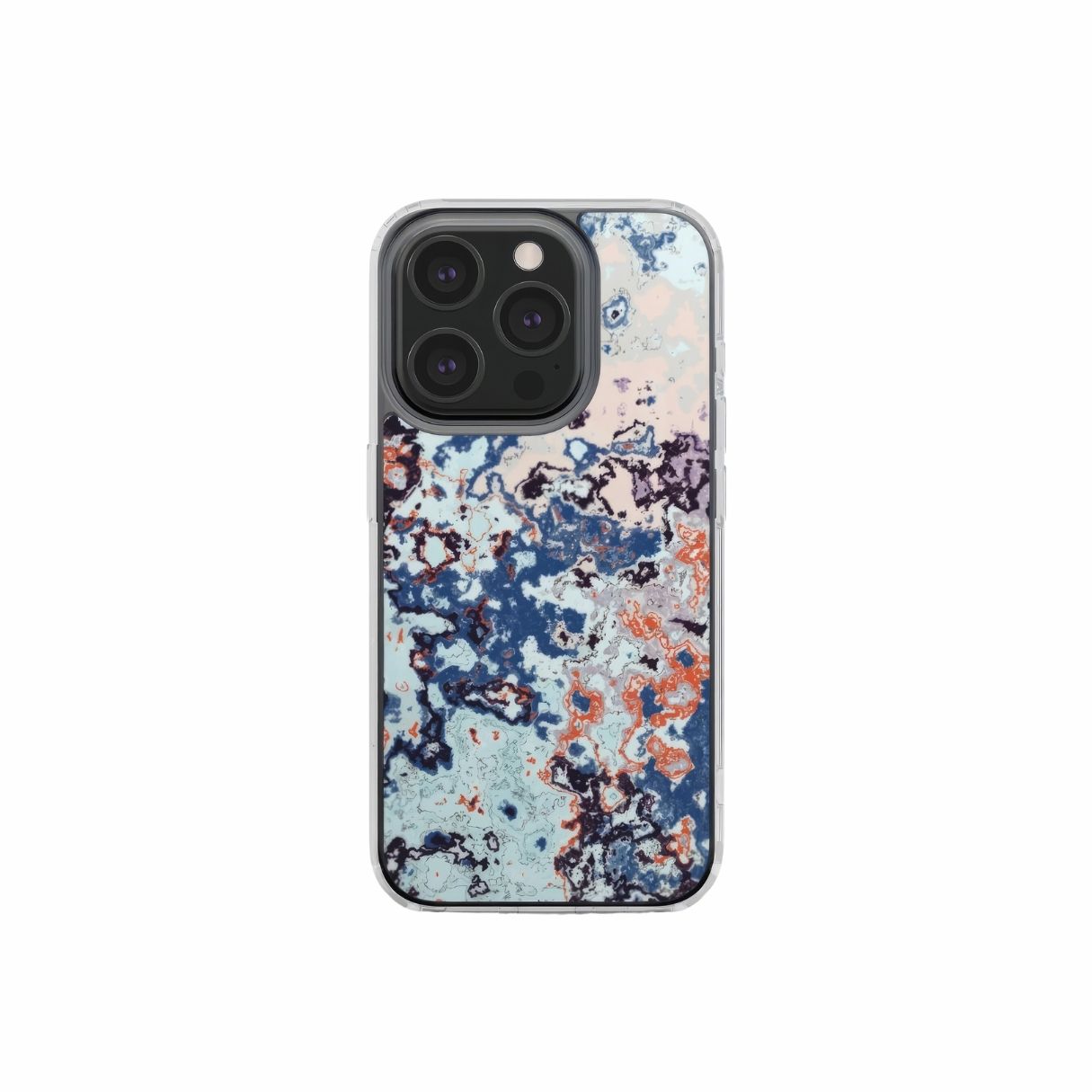 Clear phone case front view; Blue Marble Mist pattern, artistic, abstract marble pattern. Blue and red color combination. Bold expressive aesthetic design. Colorful and interior fit. Elegant.