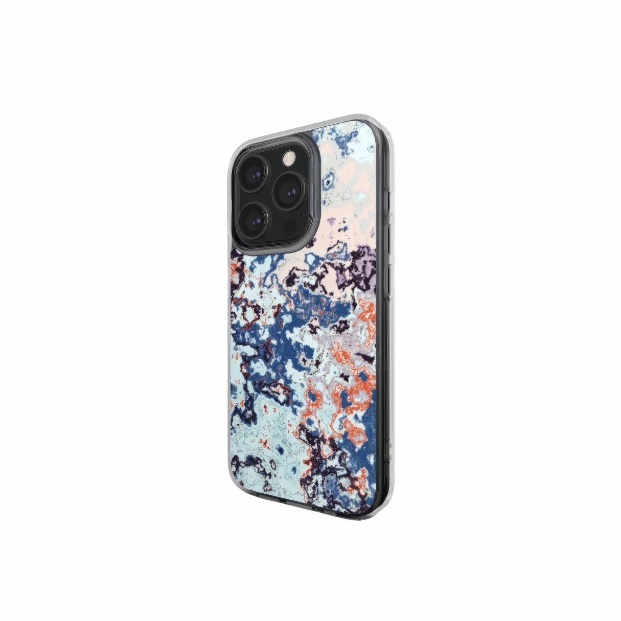 Clear phone case side view; Blue Marble Mist pattern, artistic, abstract marble pattern. Blue and red color combination. Bold expressive aesthetic design. Colorful and interior fit. Elegant.