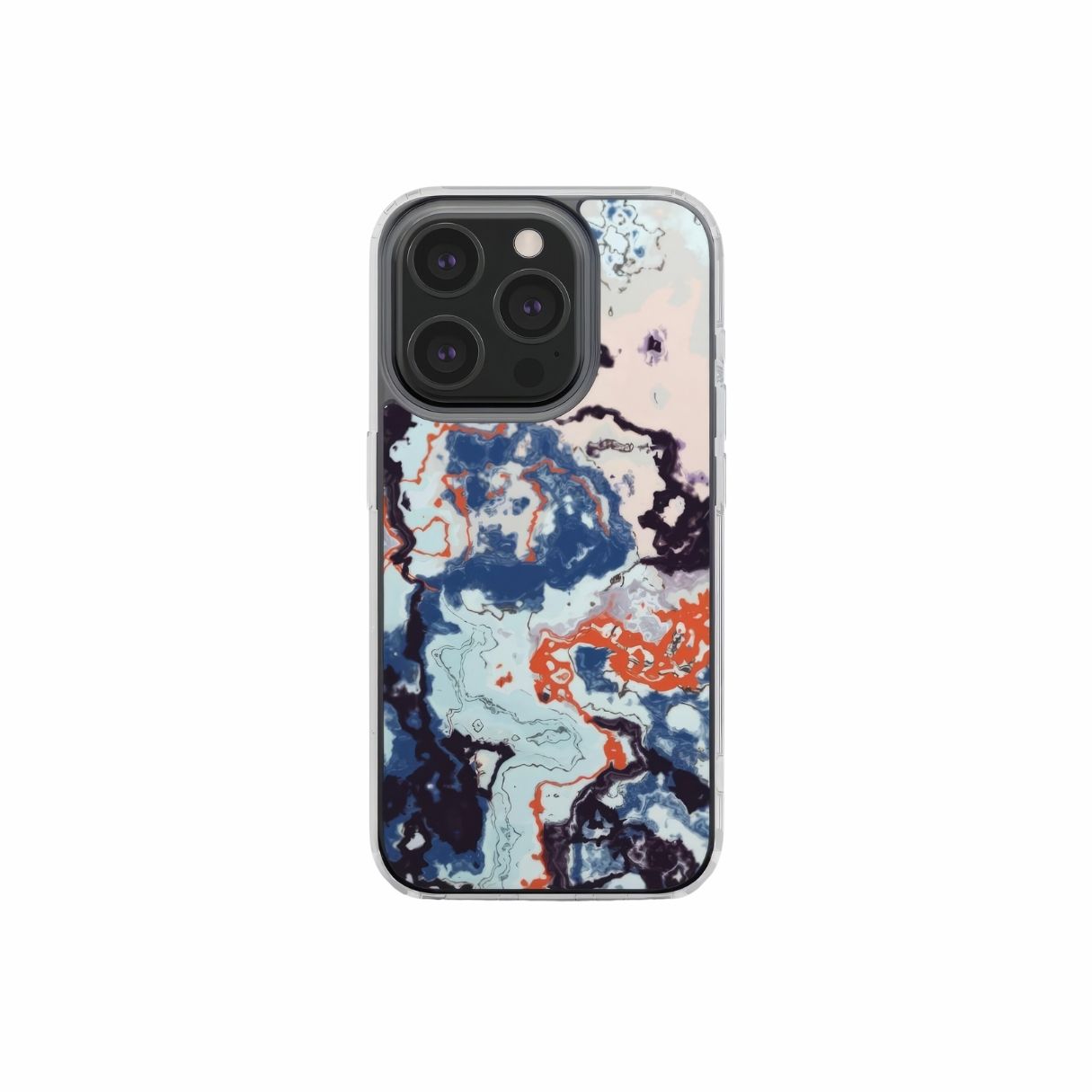 Clear phone case front view; Blue Marble Veins pattern, artistic, abstract marble pattern. Pink and blue color combination. Bold expressive aesthetic design. Colorful and interior fit. Elegant.