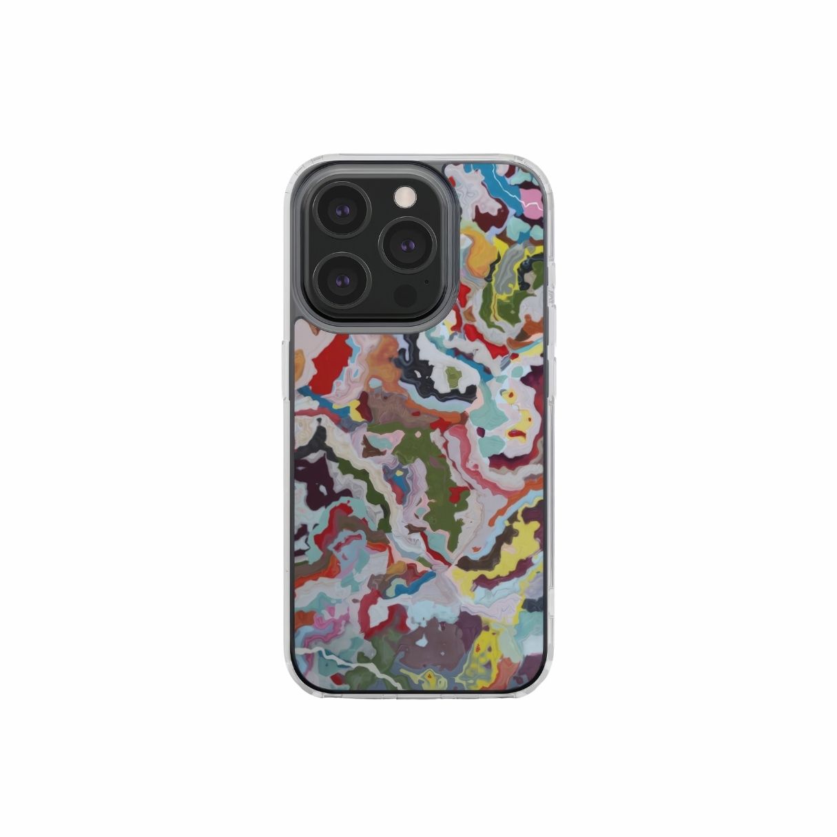 Clear phone  case front view; Bold Sprinkles pattern, artistic, abstract marble pattern. Mix color combination. Bold expressive aesthetic design. Colorful and interior fit. Elegant.