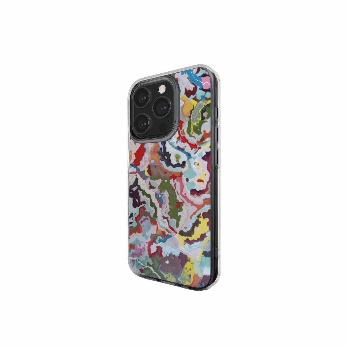 Clear phone  case side view; Bold Sprinkles pattern, artistic, abstract marble pattern. Mix color combination. Bold expressive aesthetic design. Colorful and interior fit. Elegant.