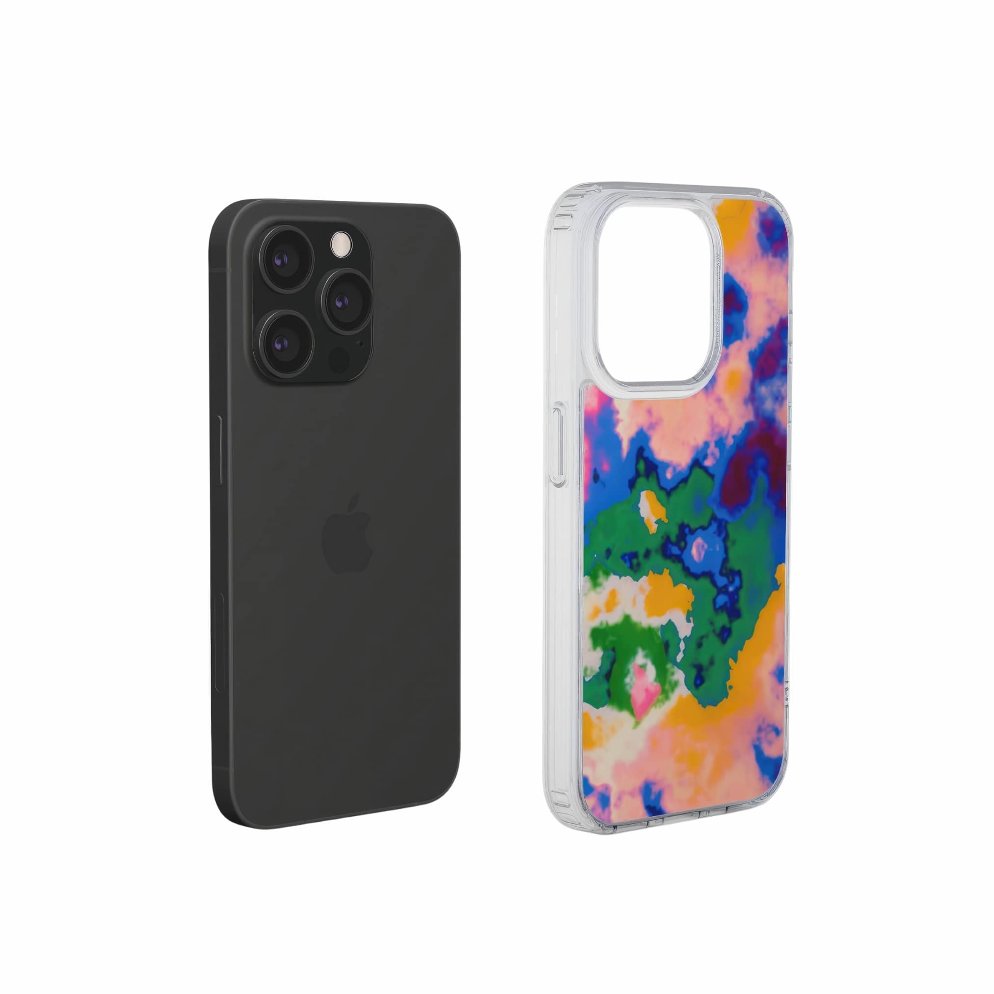 Clear phone case extend view; Brazil pattern, artistic, abstract marble pattern. Orange, green and blue color combination.