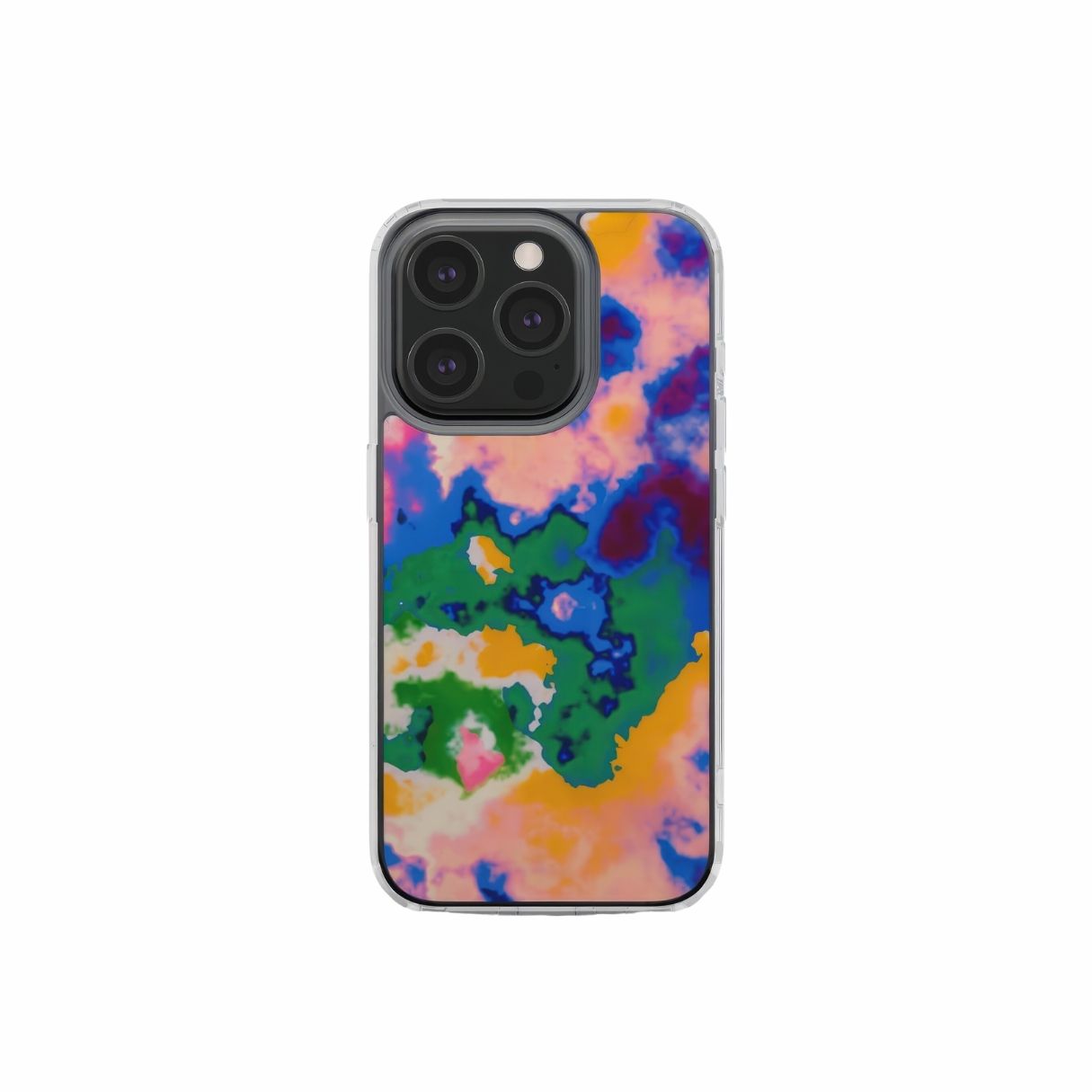Clear phone case front view; Brazil pattern, artistic, abstract marble pattern. Orange, green and blue color combination. Bold expressive aesthetic design. Colorful and interior fit. Elegant.