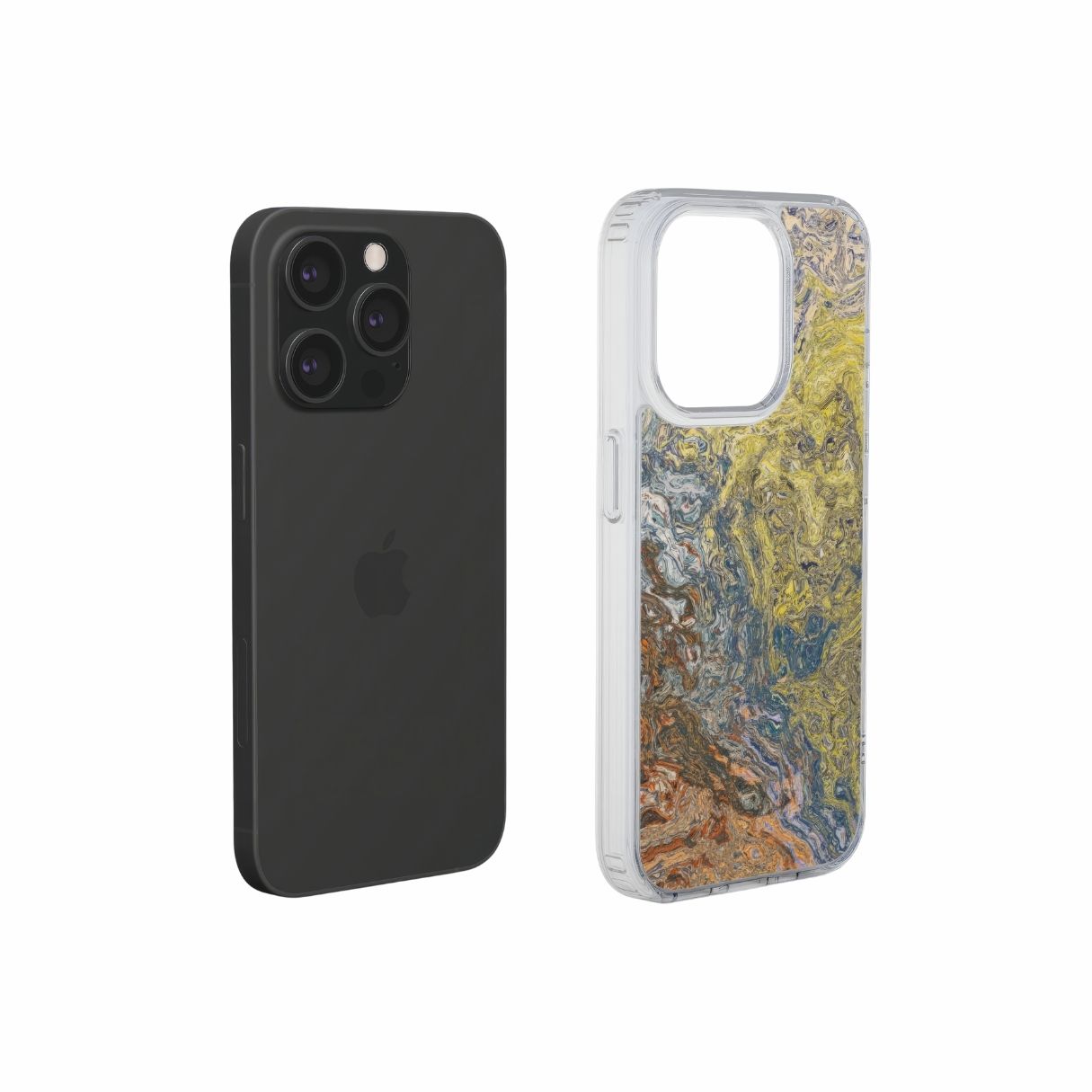Clear phone case with a calm color pattern Chill Time abstract and artistic style, featuring an elegant and aesthetic design. Main colors are muted yellow, grey and orange, brown. Extend view.