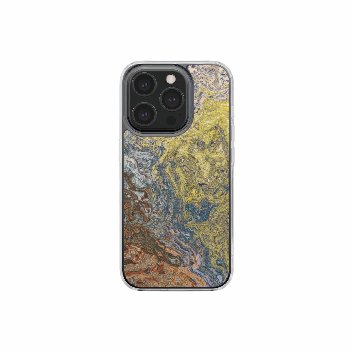 Clear phone case with a calm color pattern Chill Time abstract and artistic style, featuring an elegant and aesthetic design. Main colors are muted yellow, grey and orange, brown. Front view.