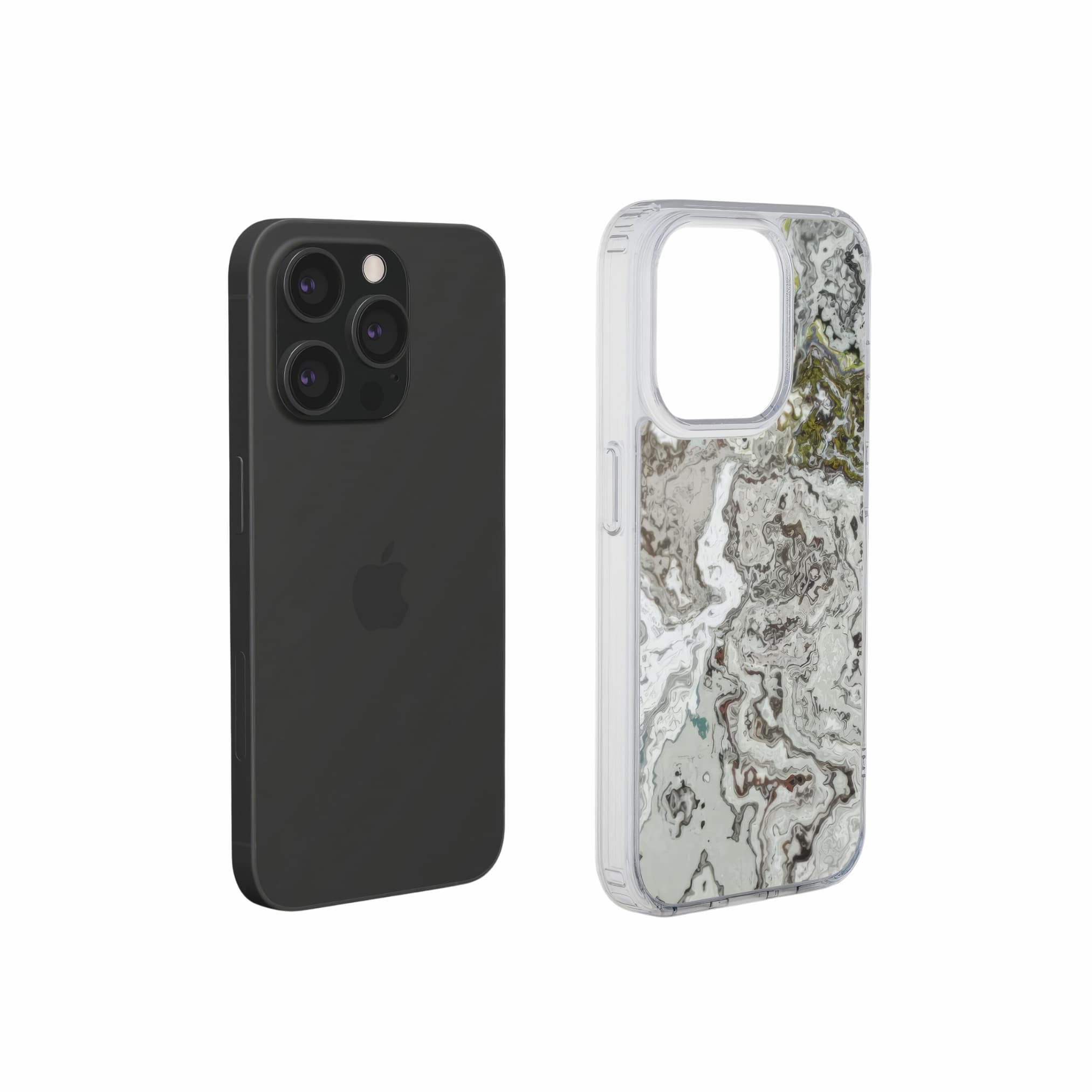 Clear phone case extend view; Classic White Marble 1 pattern, artistic, abstract marble pattern. White and grey color combination.