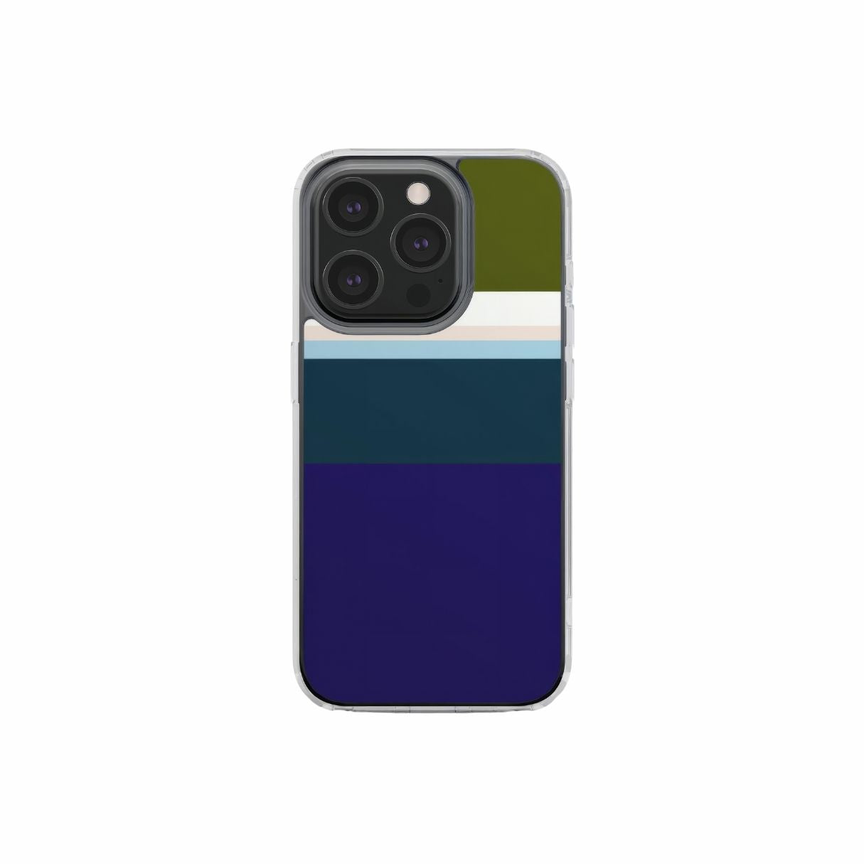 Clear phone case Color Blocks Navy pattern design with a color blocks, featuring an elegant and expressive aesthetic design. Main colors are khaki, navy blue, deep marine, light blue and pink. Front view.