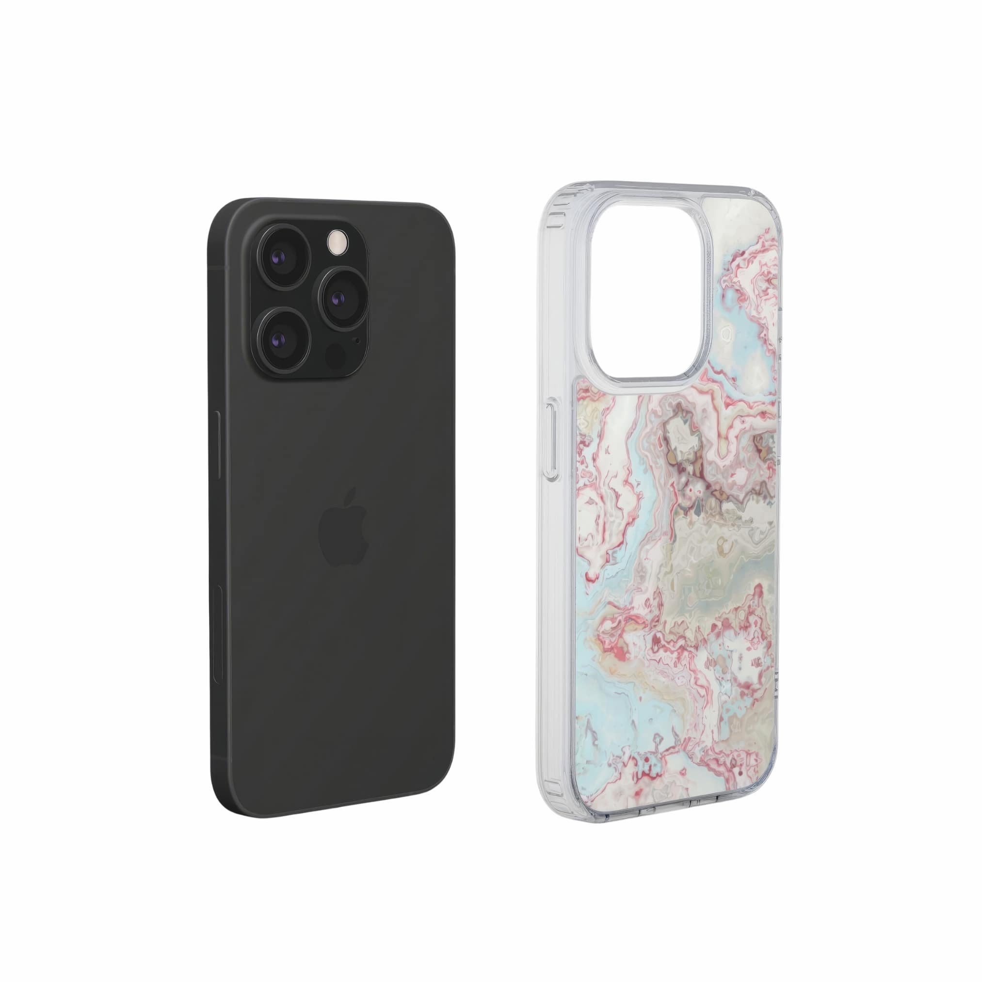 Clear phone case extend view; Divine Blue 2 pattern, artistic, abstract marble pattern. Light blue and pink color combination.