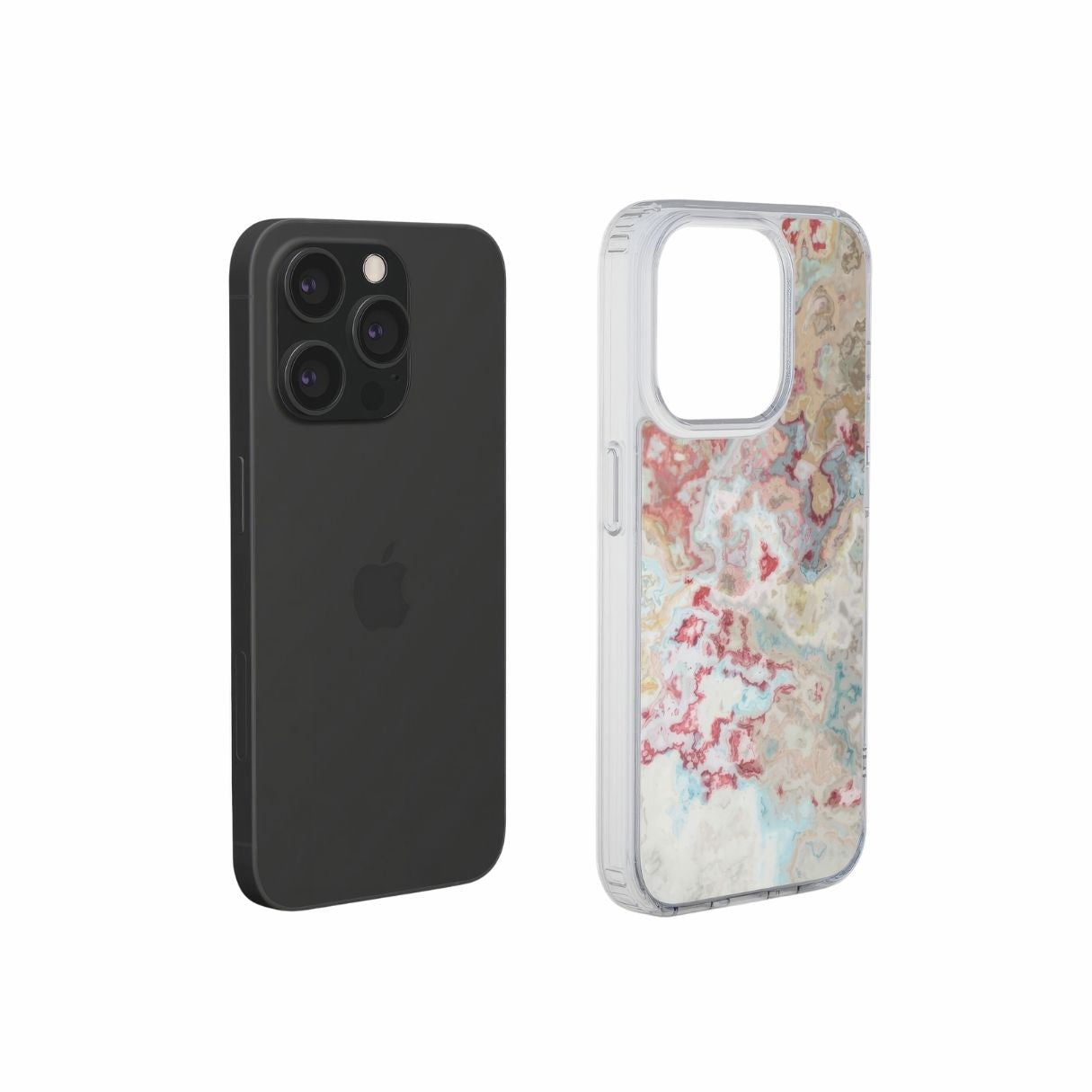 Clear phone case extend view; Divine Blue pattern, artistic, abstract marble pattern. Pink, light blue and beige color combination. Bold expressive aesthetic design. Colorful and interior fit. Elegant.