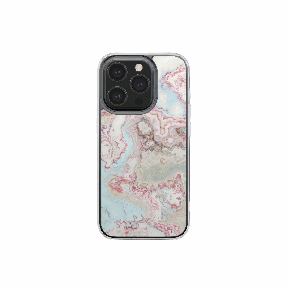 Clear phone case front view; Divine Blue River pattern, artistic, abstract marble pattern. Light blue and pink color combination. Bold expressive aesthetic design. Colorful and interior fit. Elegant.