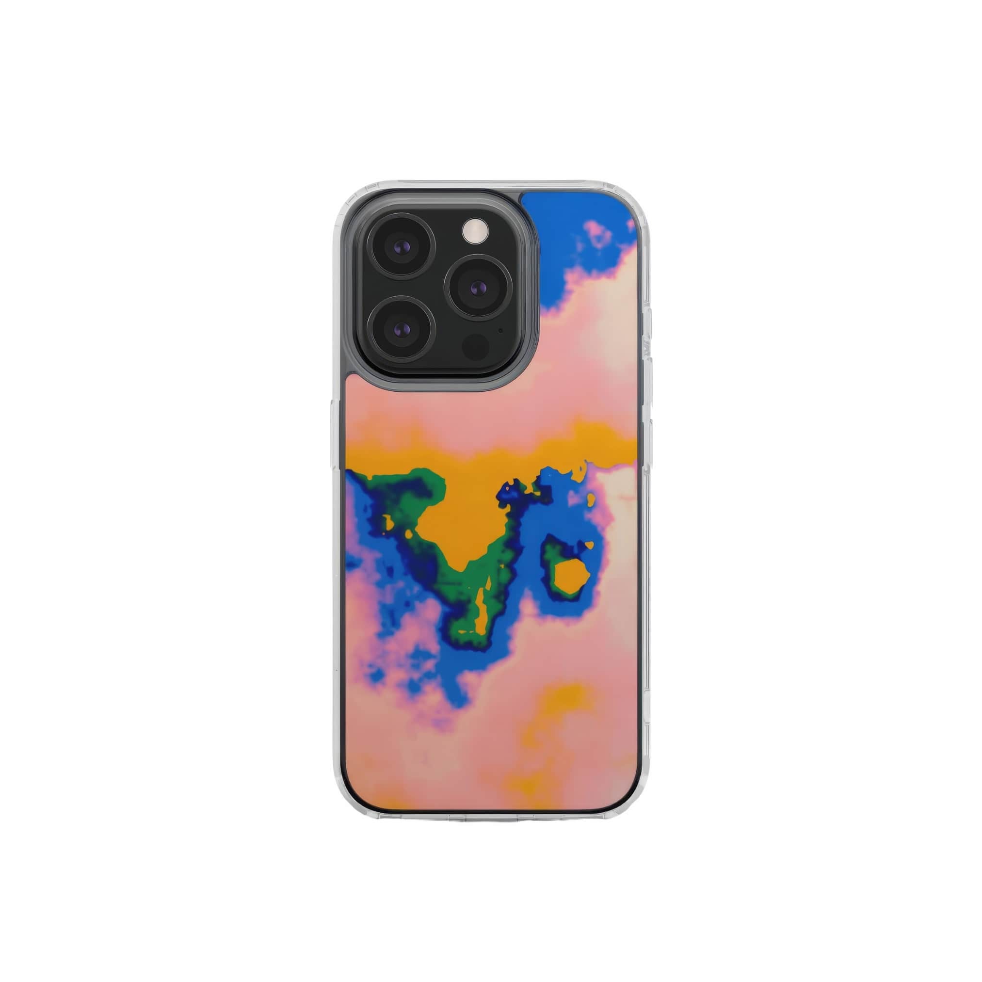Clear phone case front view; Electricity pattern, artistic, abstract marble pattern. Blue and orange color combination. Bold expressive aesthetic design. Colorful and interior fit. Elegant.