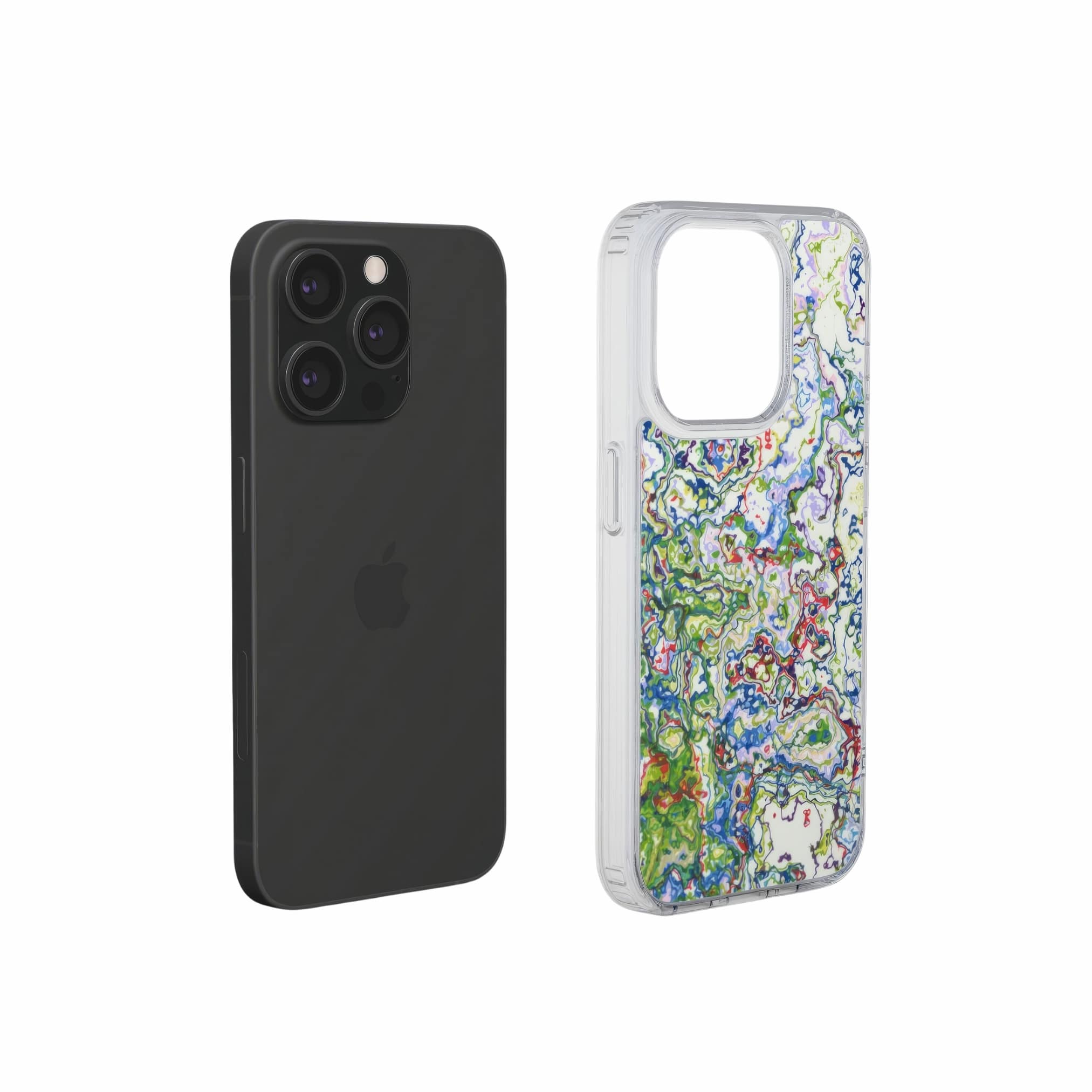 Clear phone case extend view; Inside My Brain 2 pattern, artistic, abstract marble pattern. Blue, green and red color combination.