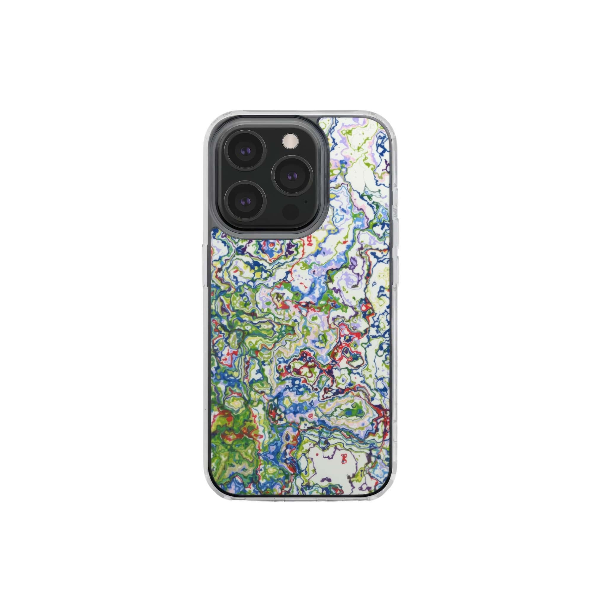 Clear phone case front view; Inside My Brain 2 pattern, artistic, abstract marble pattern. Blue, green and red color combination. Bold expressive aesthetic design. Colorful and interior fit. Elegant.
