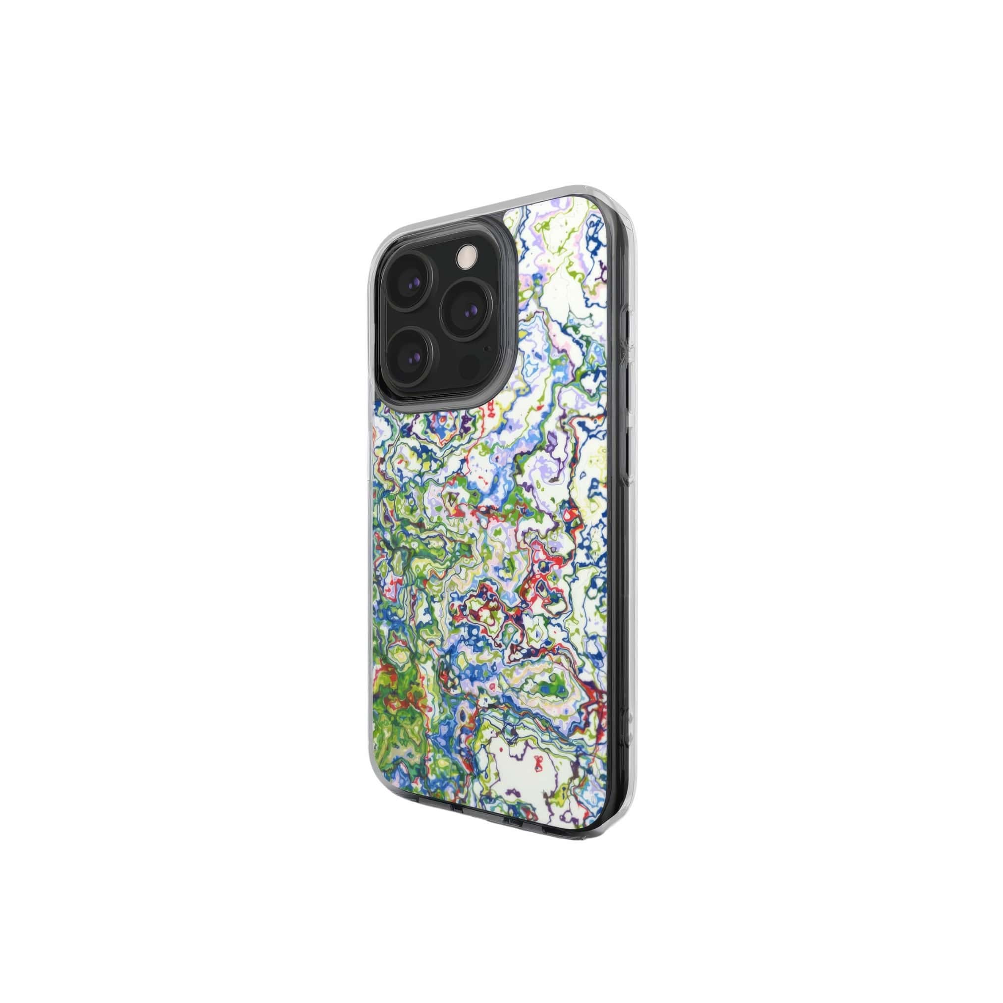Clear phone case side view; Inside My Brain 2 pattern, artistic, abstract marble pattern. Blue, green and red color combination.