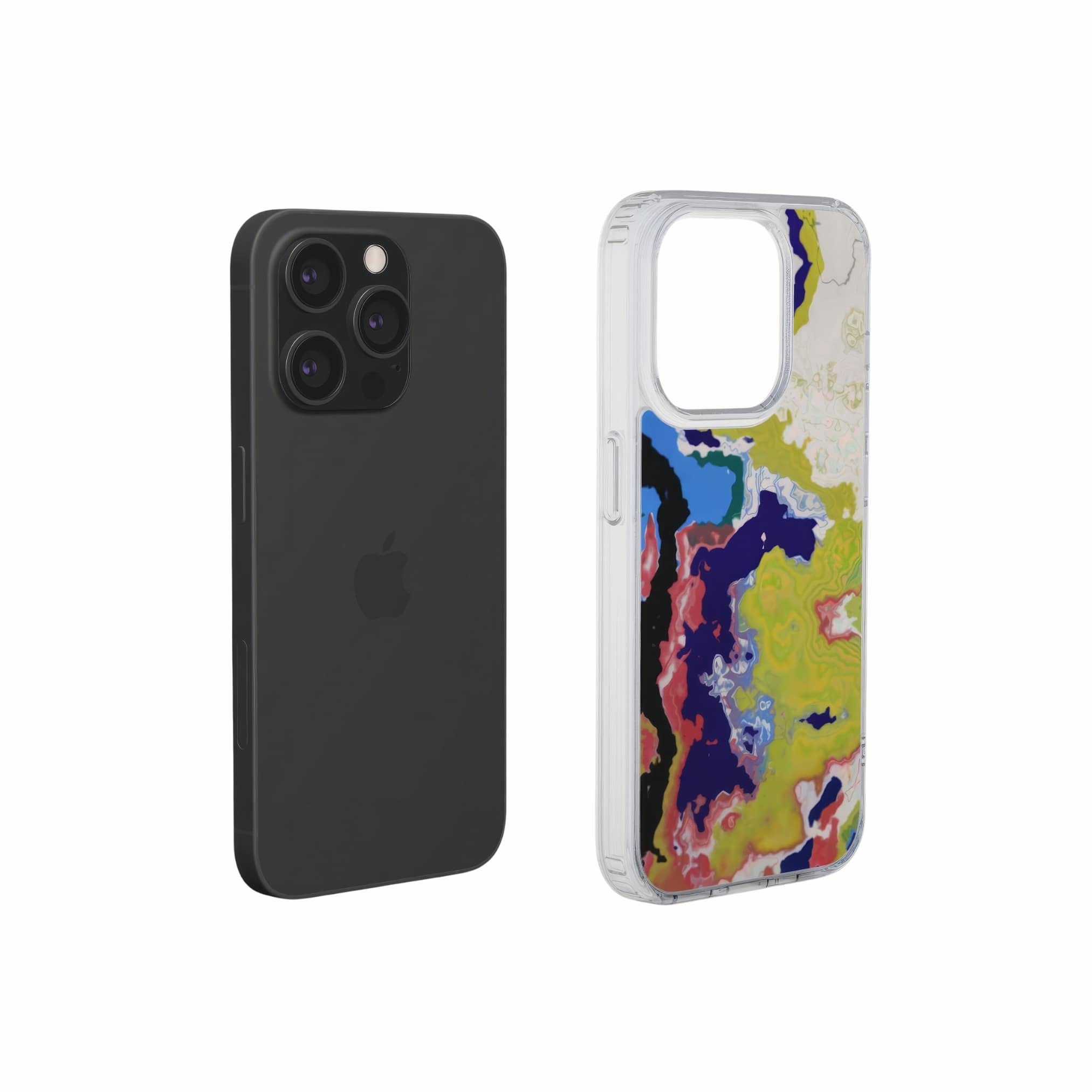 Clear phone case extend view; Jamaica pattern, artistic, abstract marble pattern. Dark blue, yellow and white color combination.
