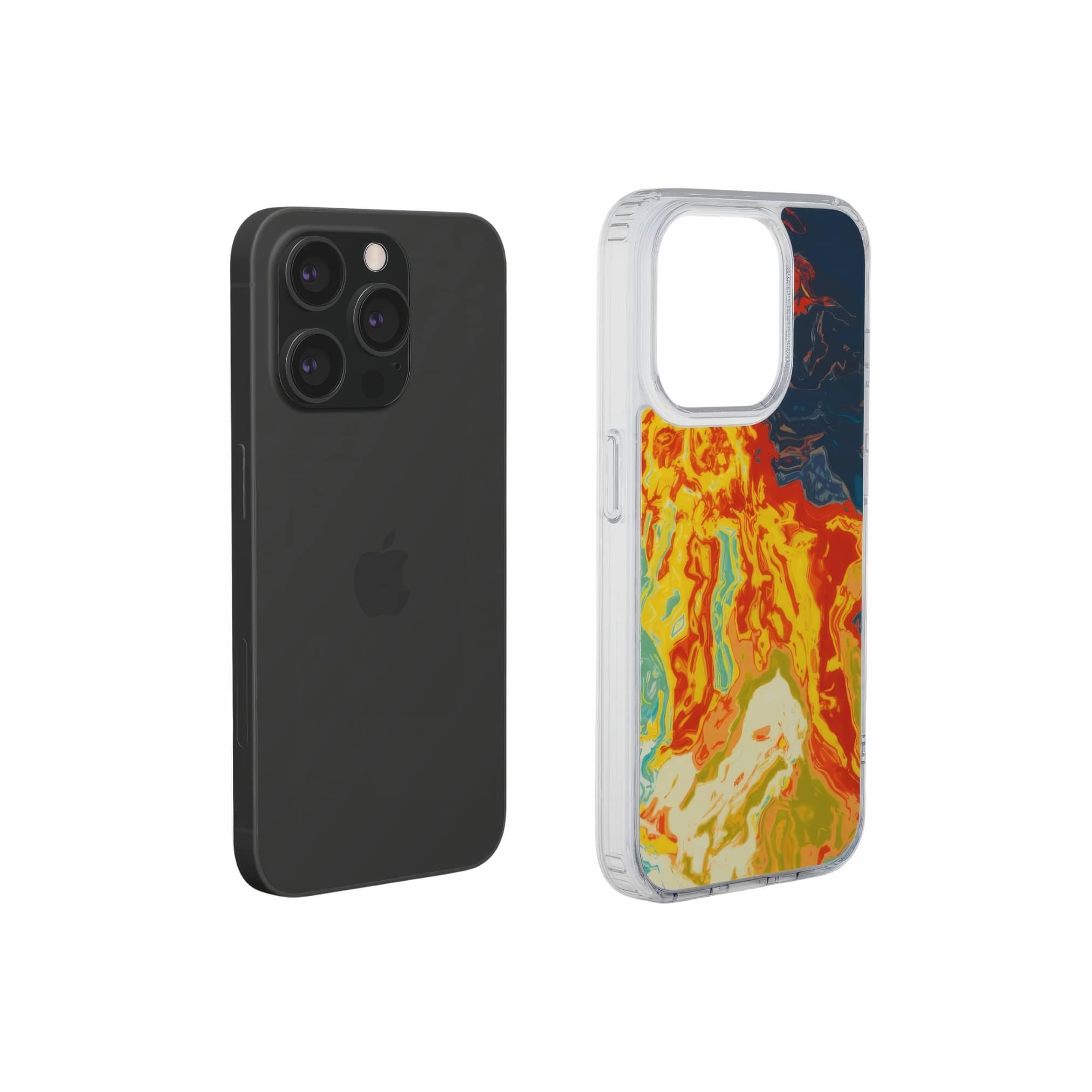 Clear phone case with a bold vivid pattern in marble abstract and artistic style, featuring an elegant and expressive aesthetic design. Main colors are navy deep blue, rich yellow, red and marine blue. Extend view.