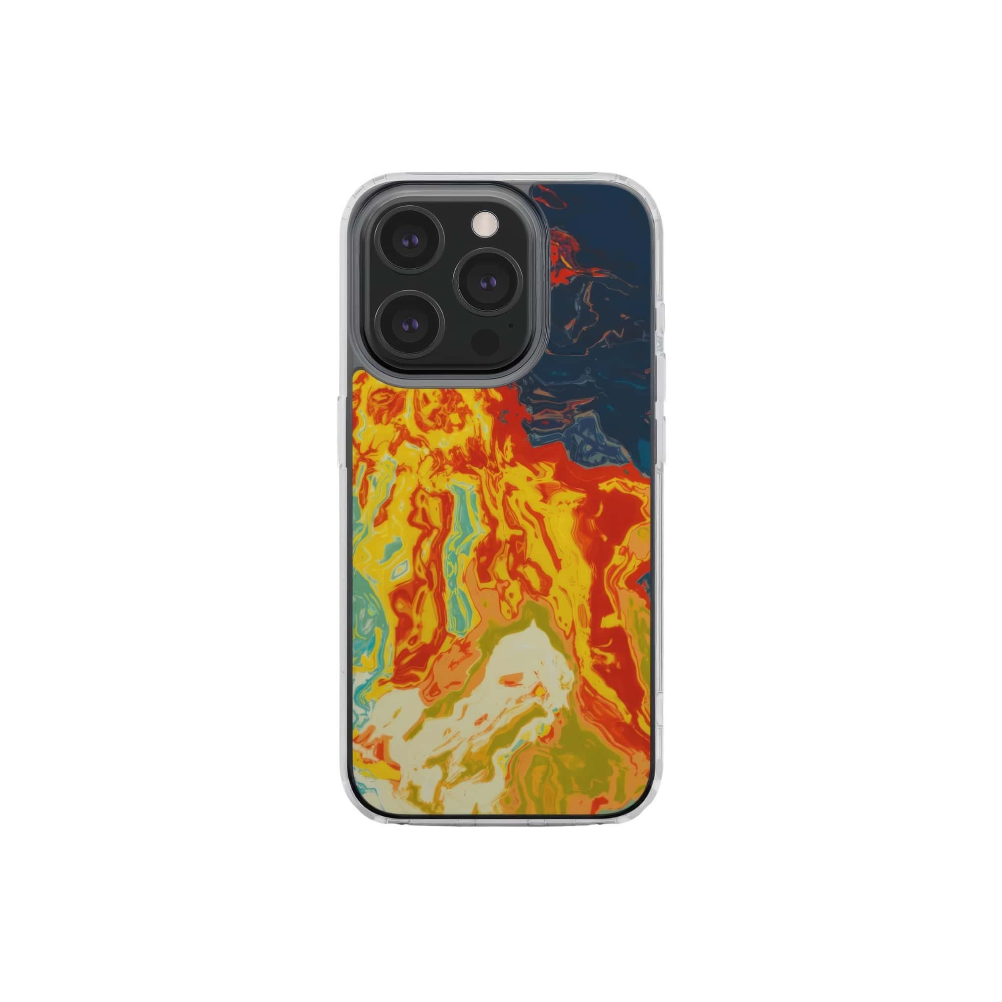 Clear phone case with a bold vivid pattern in marble abstract and artistic style, featuring an elegant and expressive aesthetic design. Main colors are navy deep blue, rich yellow, red and marine blue. Front view.