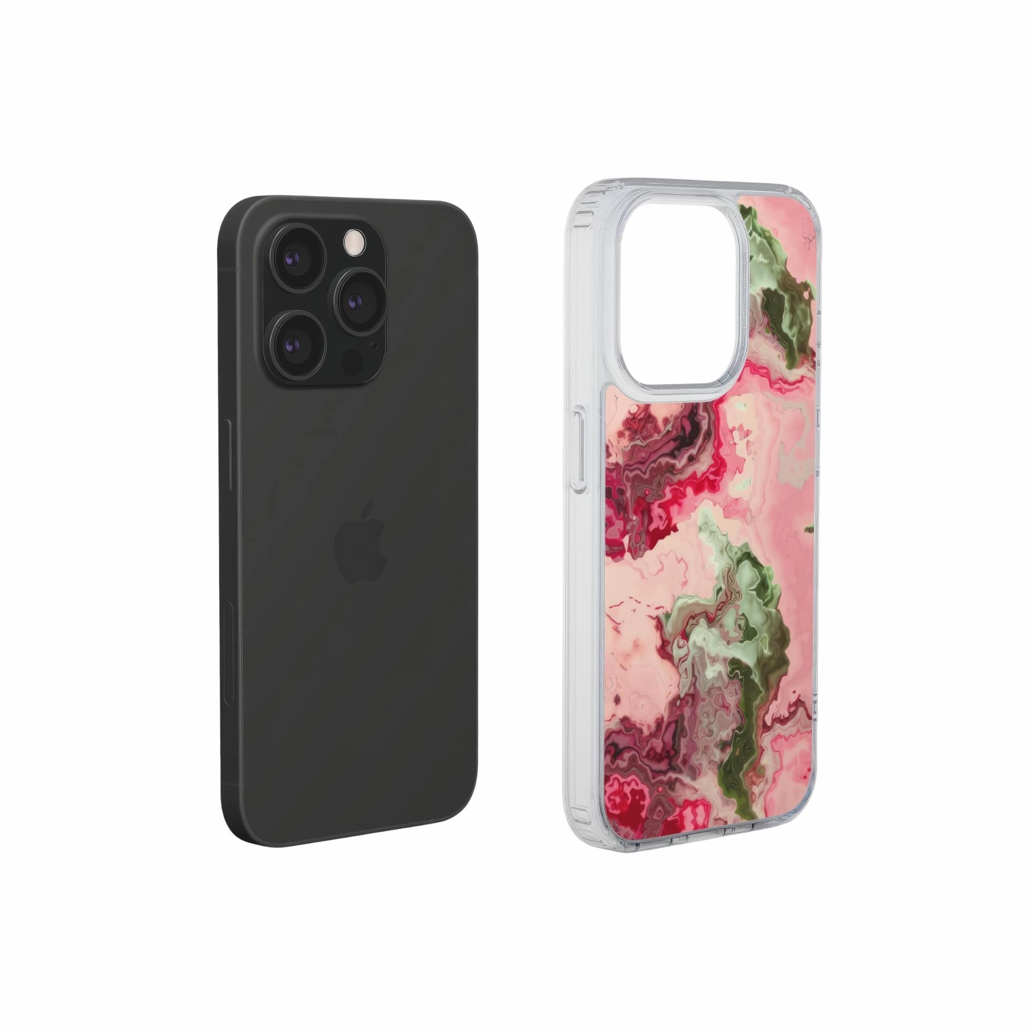 Clear phone case with a bold vivid pattern Like Flamingo 1 in marble abstract and artistic style, featuring an elegant and expressive aesthetic design. Main colors are pink and green. Extend view.