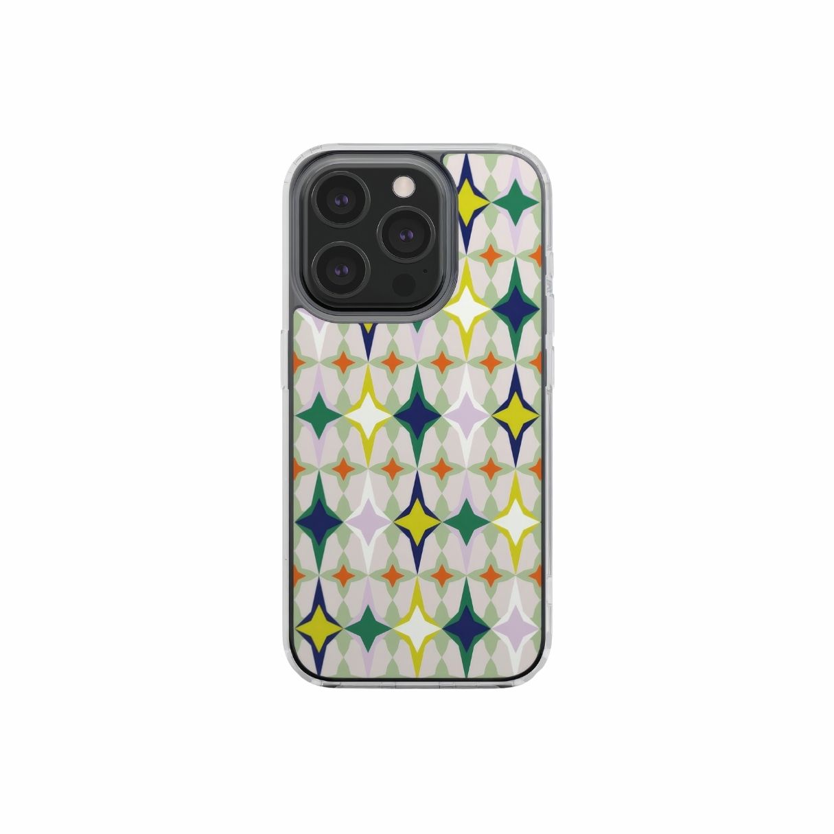 Clear phone case Magic Spring pattern design with a dynamic geometric symmetry in geometric style, featuring an elegant and expressive aesthetic design. Main colors are green, yellow, orange red and deep blue. Front view.