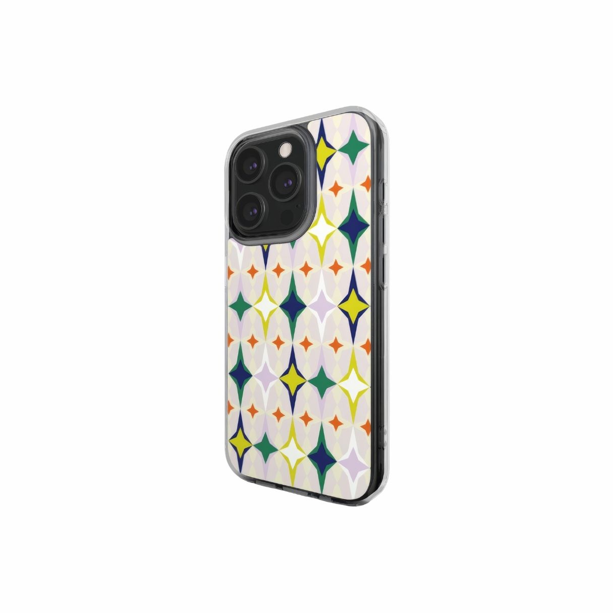 Clear phone case Magic Summer pattern design with a dynamic geometric symmetry in geometric style, featuring an elegant and expressive aesthetic design. Main colors are green, yellow, orange red and lilac. Side view.