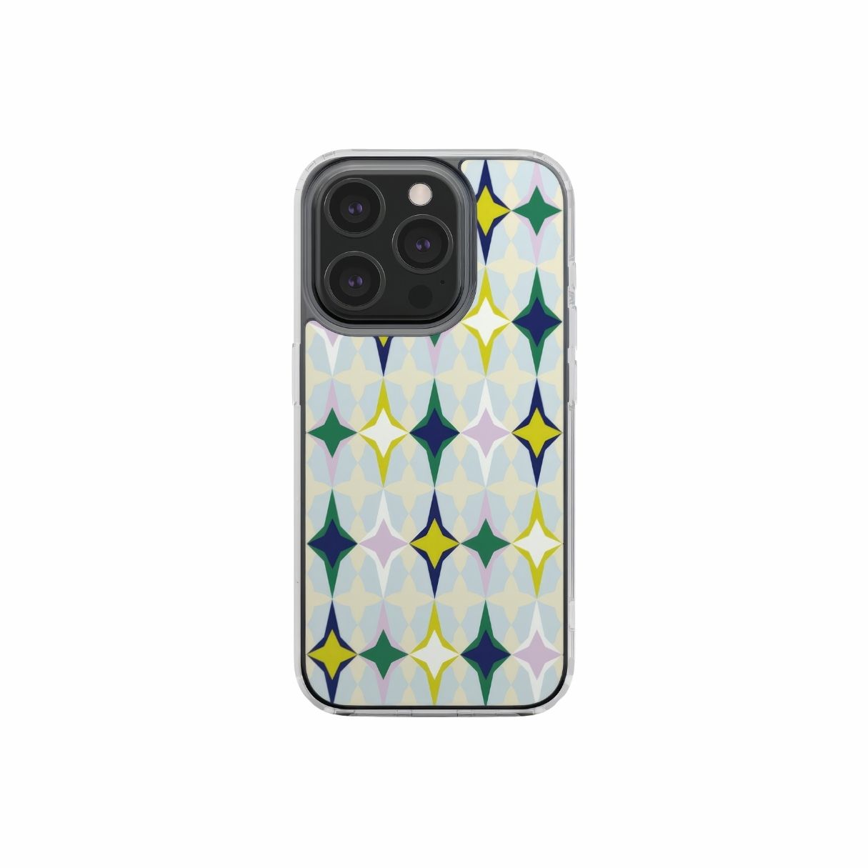 Clear phone case Magic Winter pattern design with a dynamic geometric symmetry in geometric style, featuring an elegant and expressive aesthetic design. Main colors are divine blue, yellow, green and deep blue. Front view.