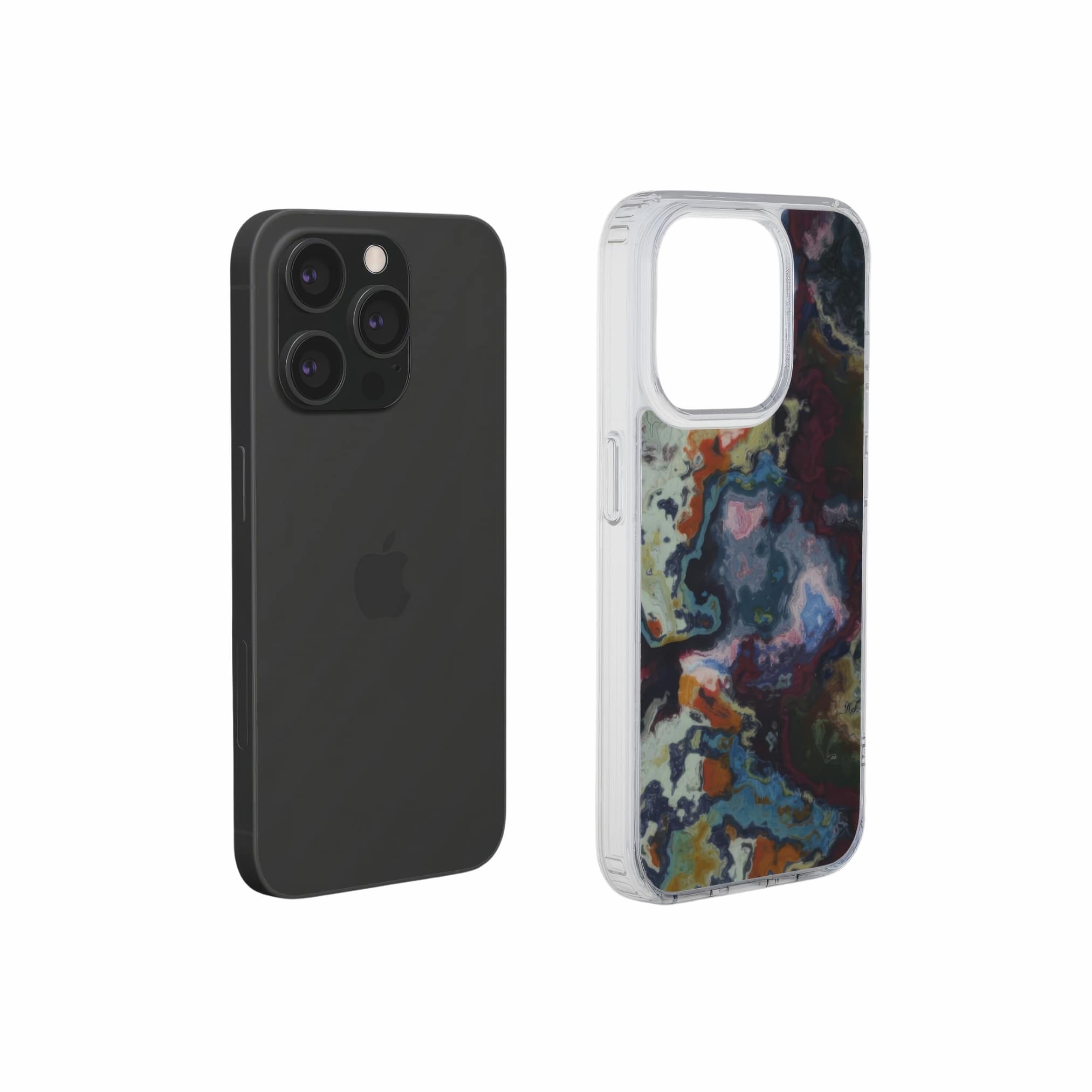 Clear phone case extend view; Molten Berries 1 pattern, artistic, abstract marble pattern. Deep purple color.