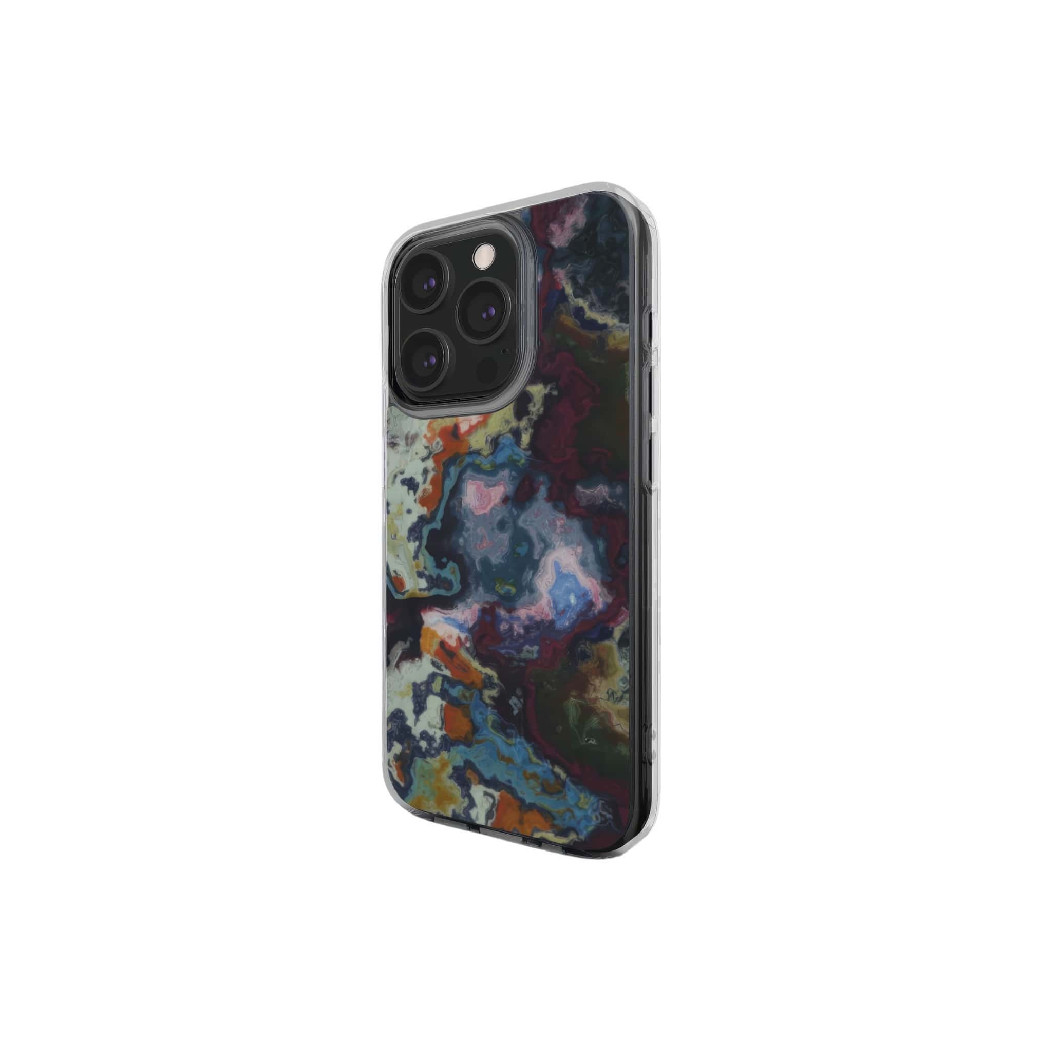 Clear phone case side view; Molten Berries 1 pattern, artistic, abstract marble pattern. Deep purple color.
