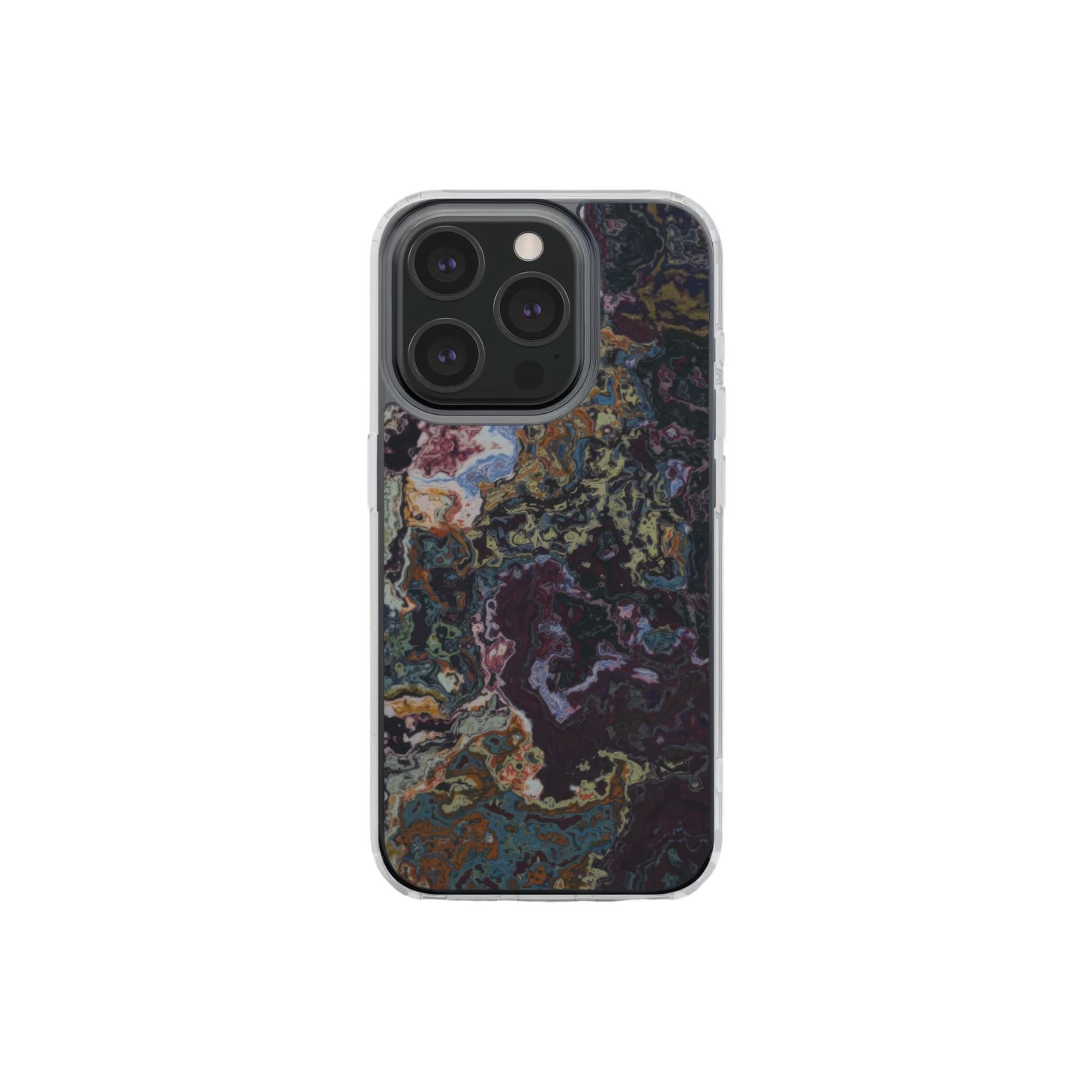 Clear phone case front view; Molten Berries 2 pattern, artistic, abstract marble pattern. Deep. purple color. Bold expressive aesthetic design. Colorful and interior fit. Elegant.