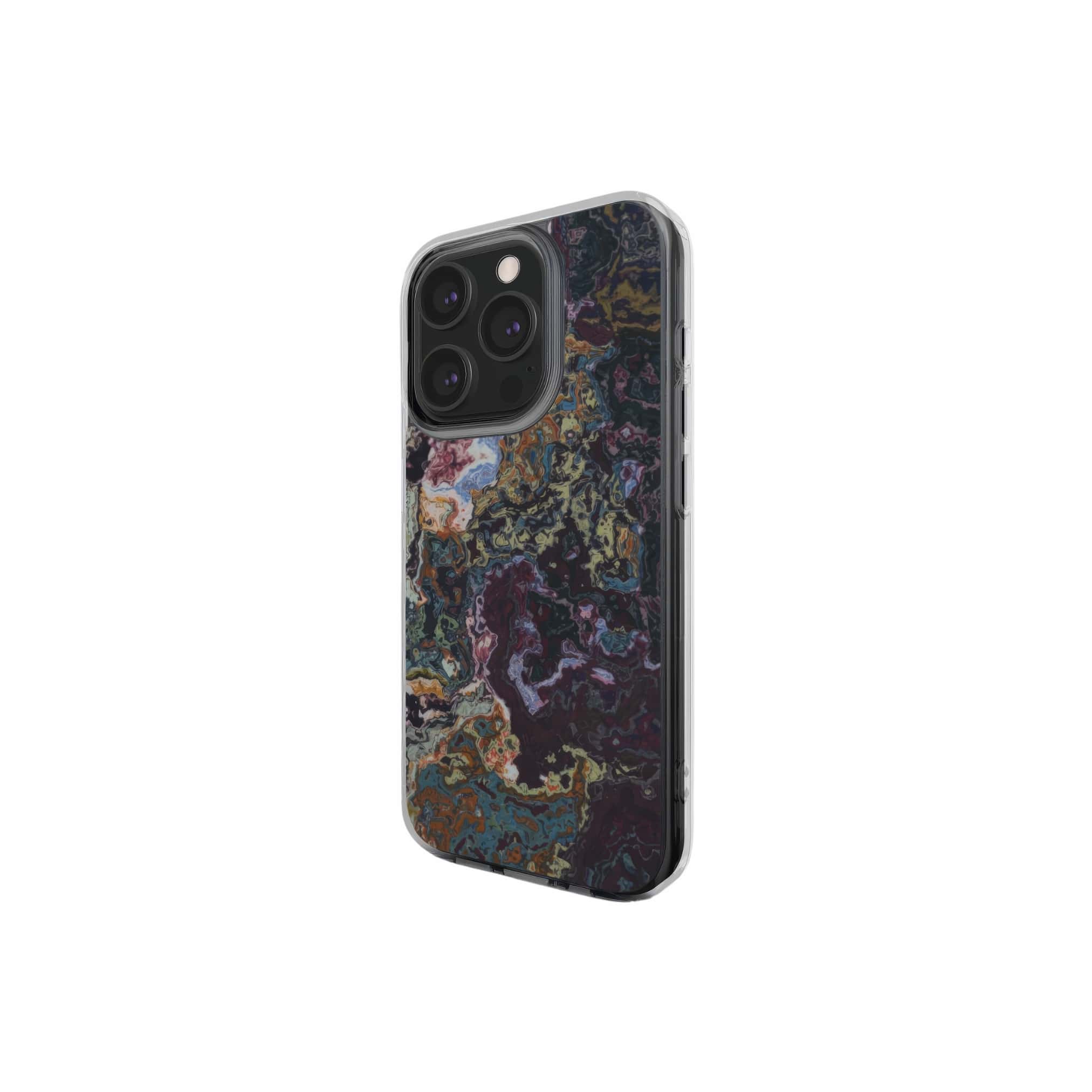 Clear phone case side view; Molten Berries 2 pattern, artistic, abstract marble pattern. Deep. purple color.