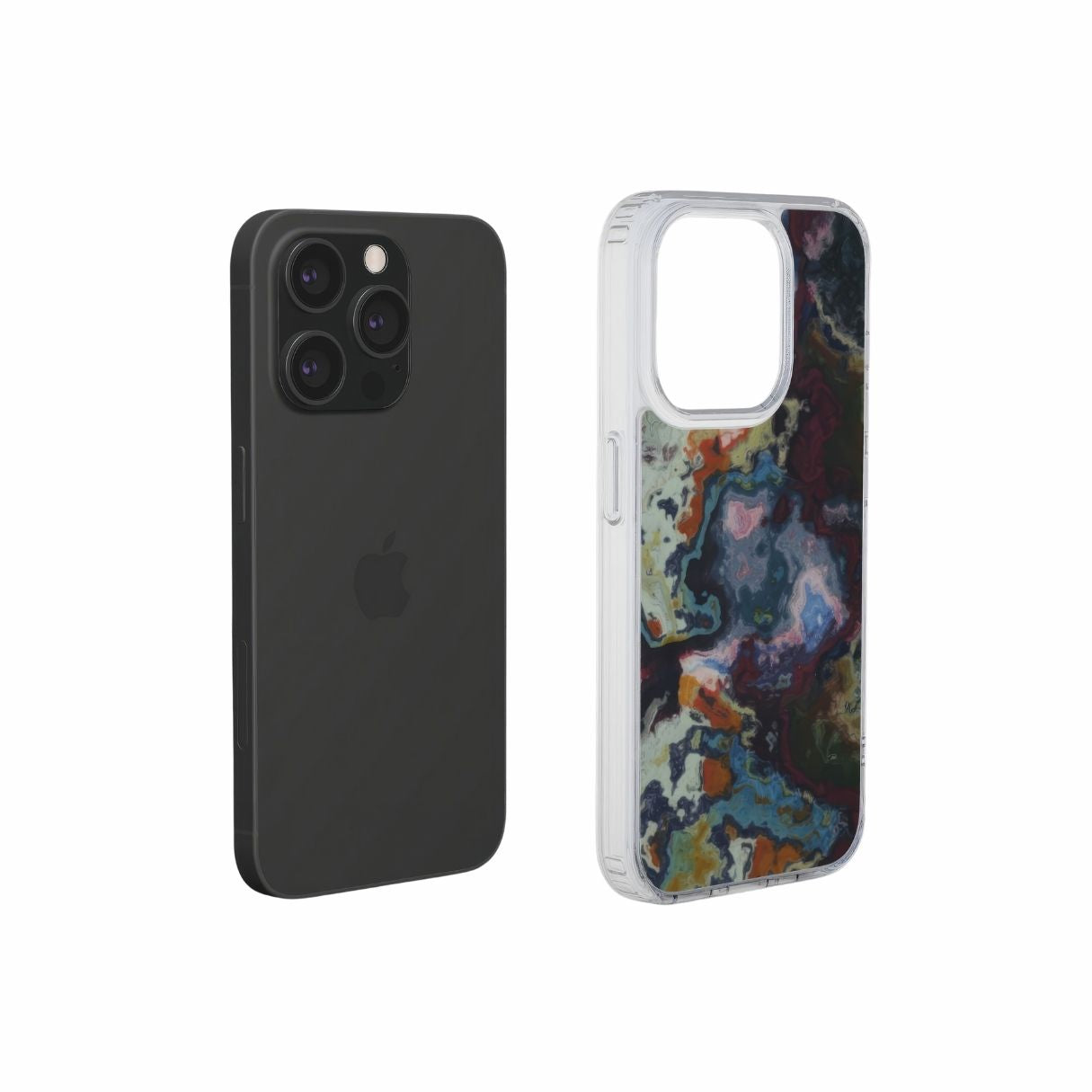 Clear phone case extend view; Molten Berries pattern, artistic, abstract marble pattern. Deep purple color. Bold expressive aesthetic design. Colorful and interior fit. Elegant.