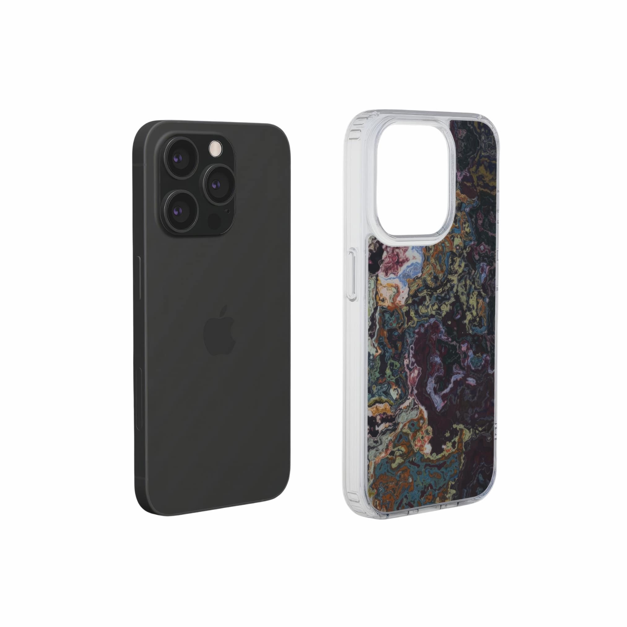 Clear phone case extend view; Molten Berries Mix pattern, artistic, abstract marble pattern. Deep. purple color.