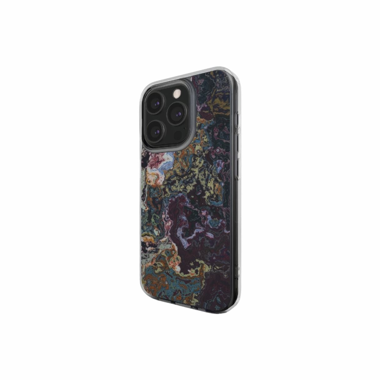 Clear phone case side view; Molten Berries Mix pattern, artistic, abstract marble pattern. Deep. purple color. Bold expressive aesthetic design. Colorful and interior fit. Elegant.