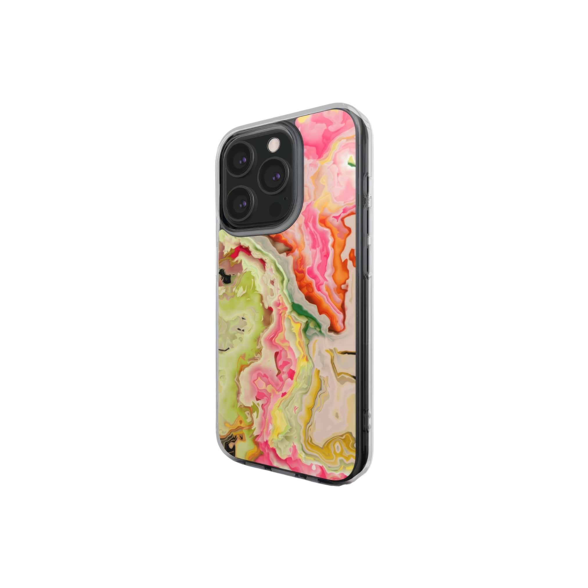Clear phone case side view; Neon Pink 3 pattern, artistic, abstract marble pattern. Light pink and green color combination.