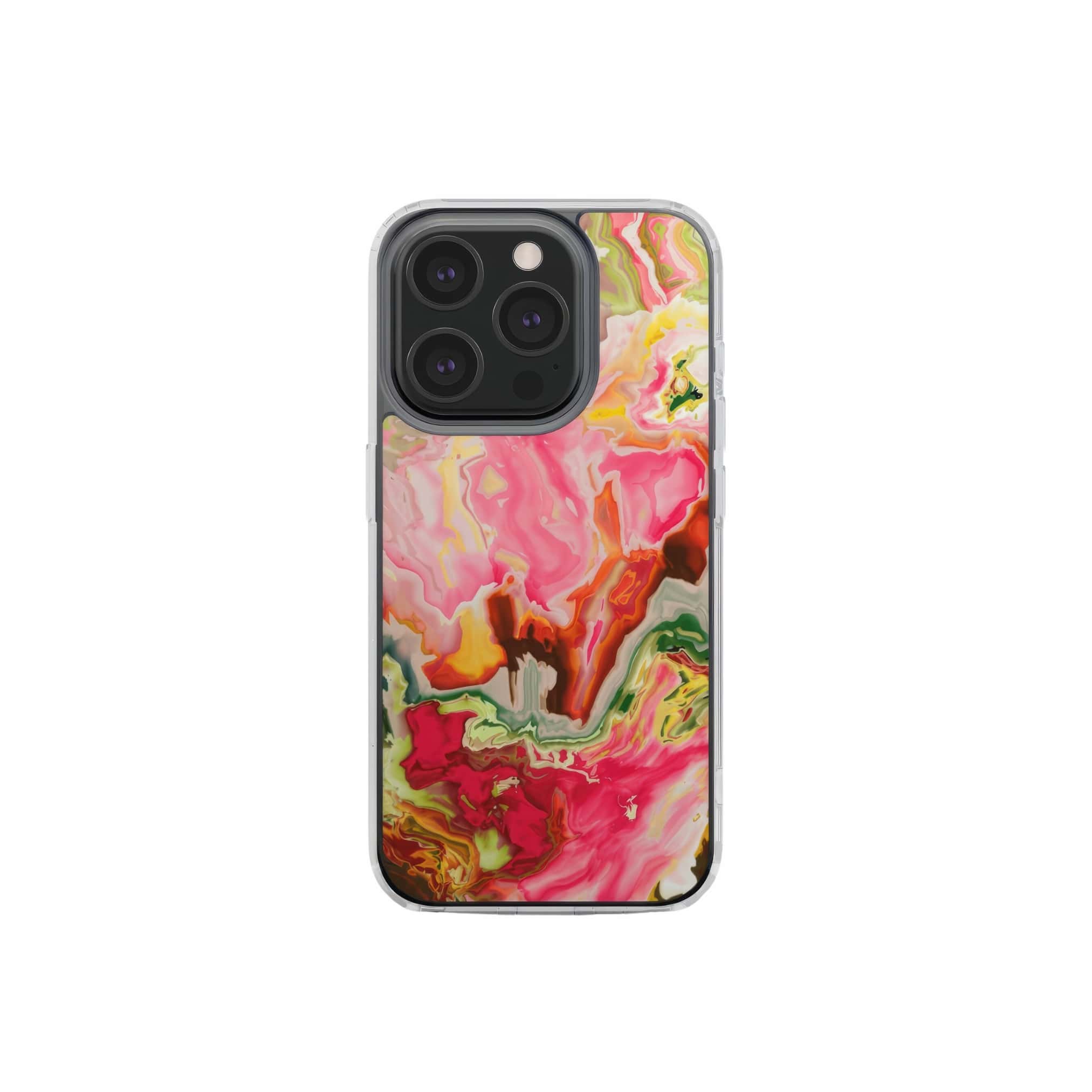 Clear phone case front view; Neon Pink pattern, artistic, abstract marble pattern. Pink and green color combination. Bold expressive aesthetic design. Colorful and interior fit. Elegant.