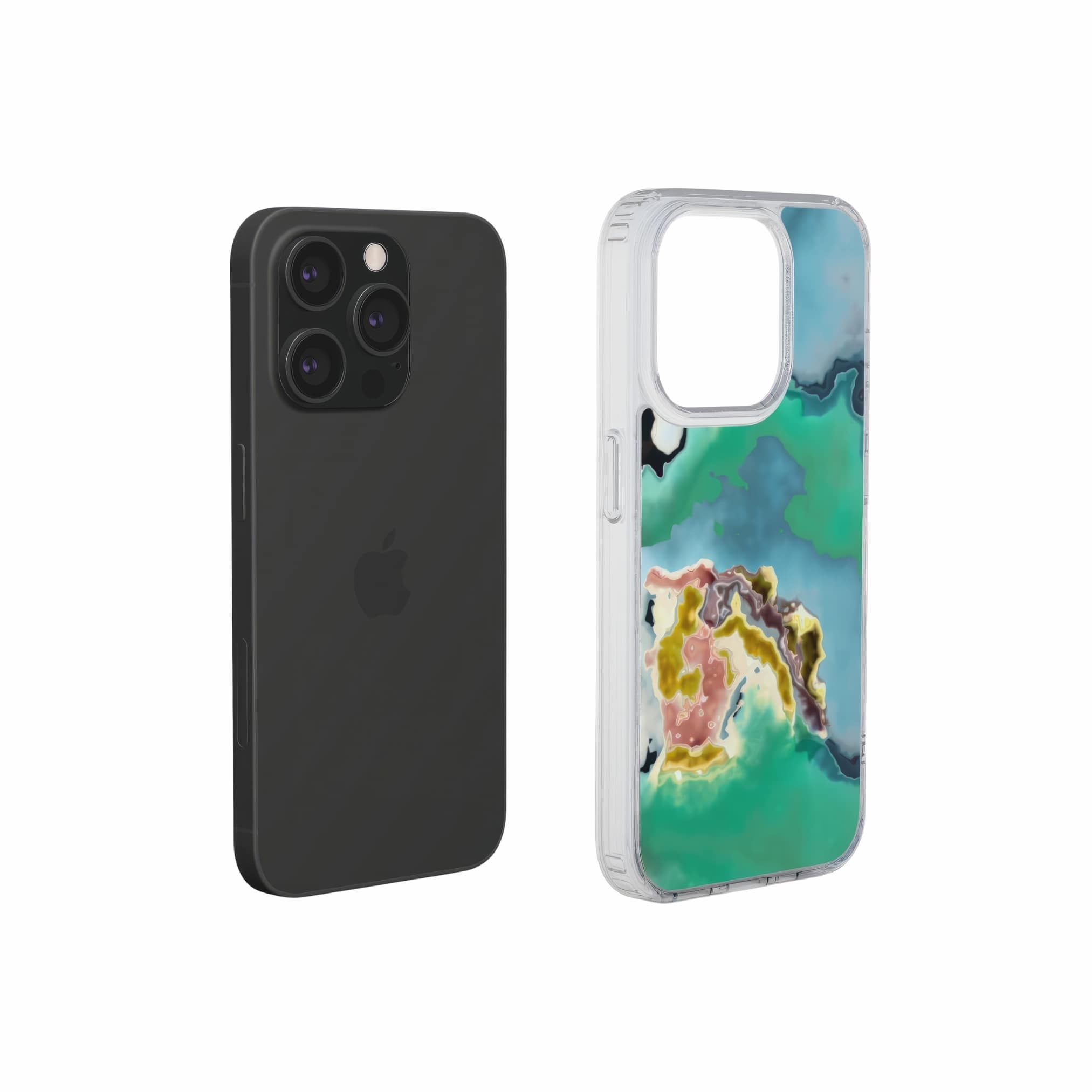 Clear phone case with a bold vivid pattern Oceans Breath 1 in marble abstract and artistic style, featuring an elegant and expressive aesthetic design. Main colors are blue and green. Extend view.