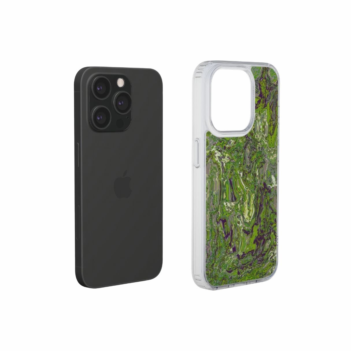 Clear phone case with a bold vivid pattern Olive Smash abstract and artistic style, featuring an elegant and expressive aesthetic design. Main colors are olive green and purple hues. Extend view.