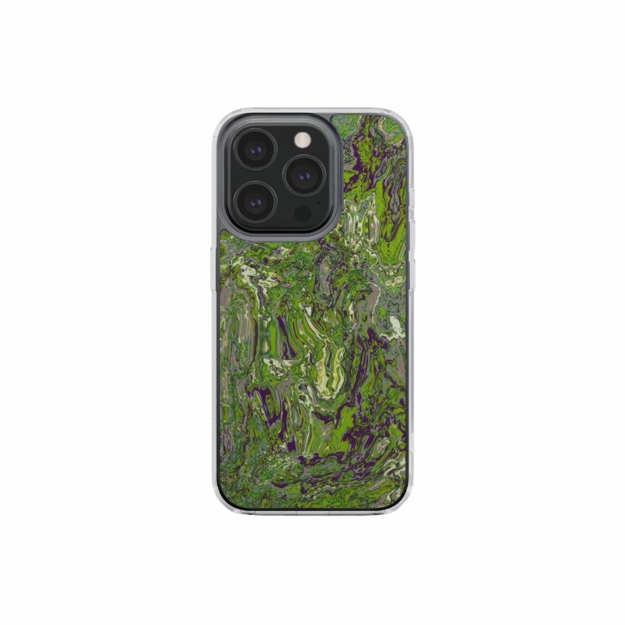 Clear phone case with a bold vivid pattern Olive Smash abstract and artistic style, featuring an elegant and expressive aesthetic design. Main colors are olive green and purple hues. Front view.