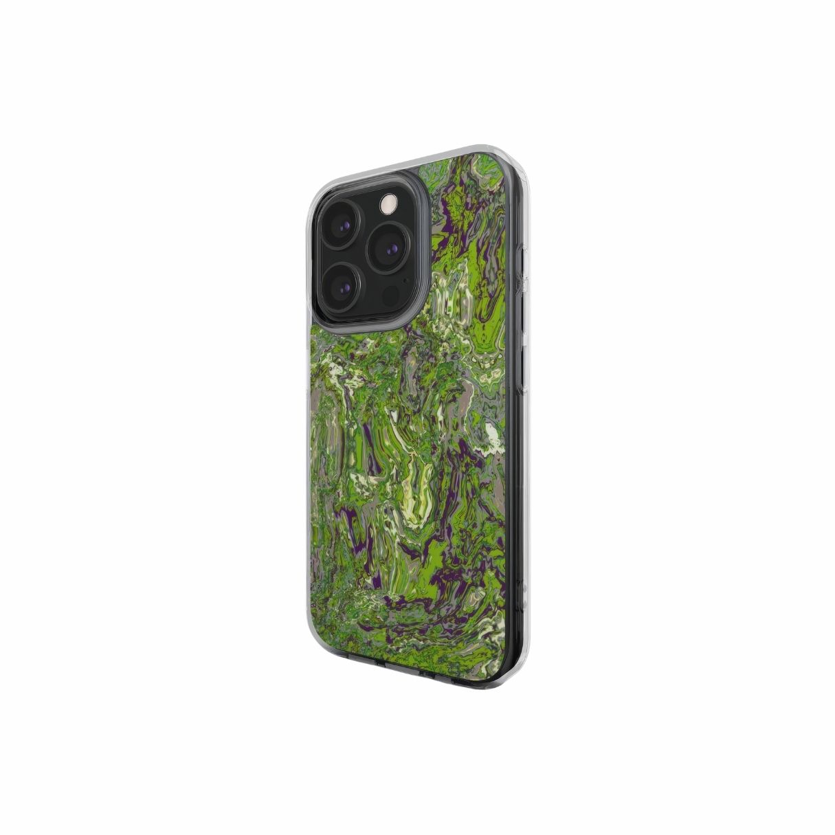 Clear phone case with a bold vivid pattern Olive Smash abstract and artistic style, featuring an elegant and expressive aesthetic design. Main colors are olive green and purple hues. Side view.